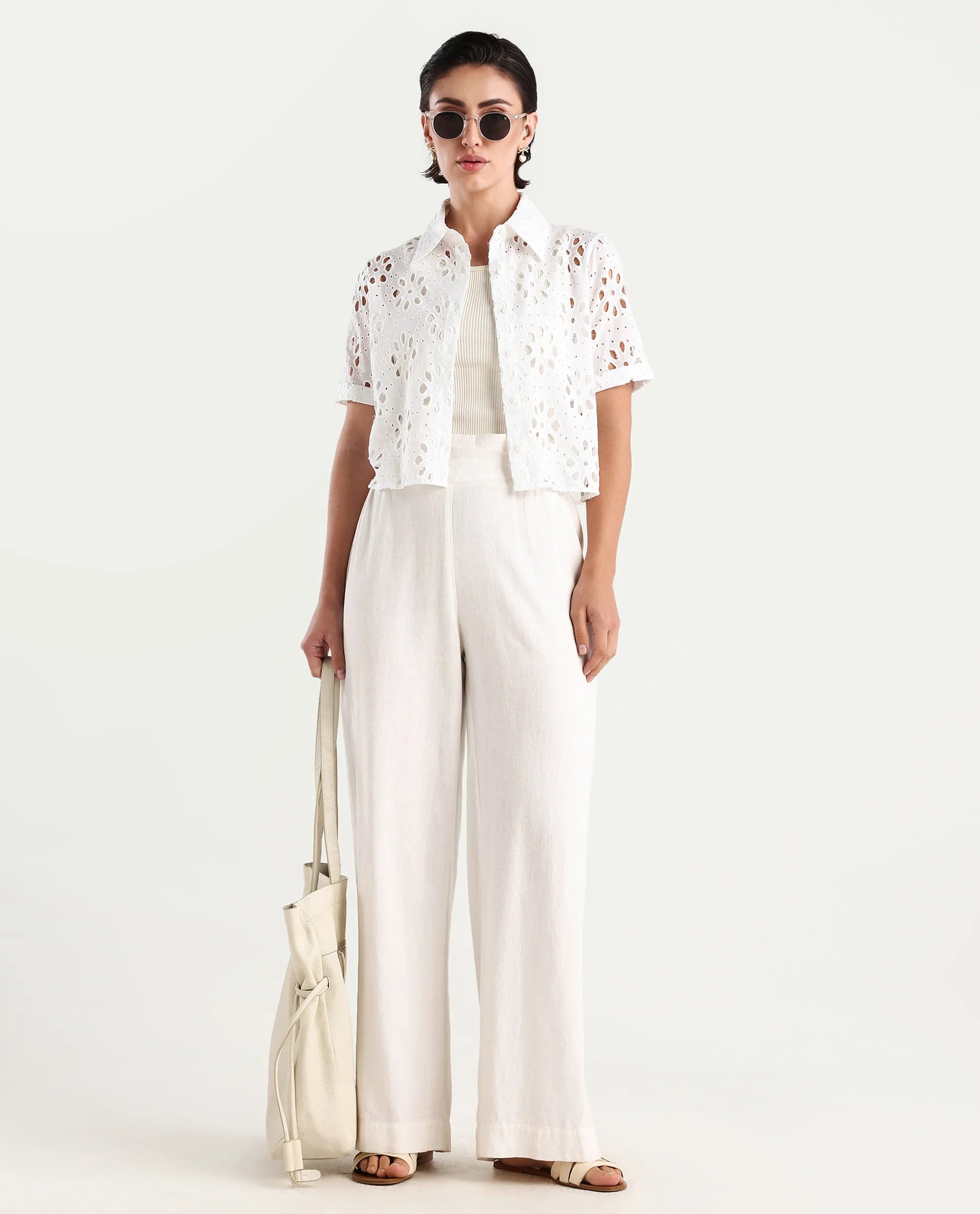 Rareism Women's Epoch White Cotton Collared Plain Crop Regular Fit Shirt