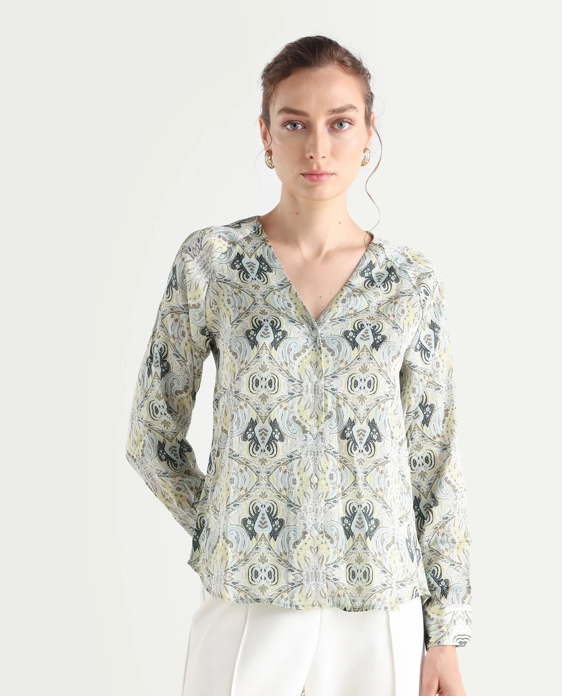 Rareism Women's Epoll Multi Satin Abstract Print Raglan Sleeve Relaxed Fit Top