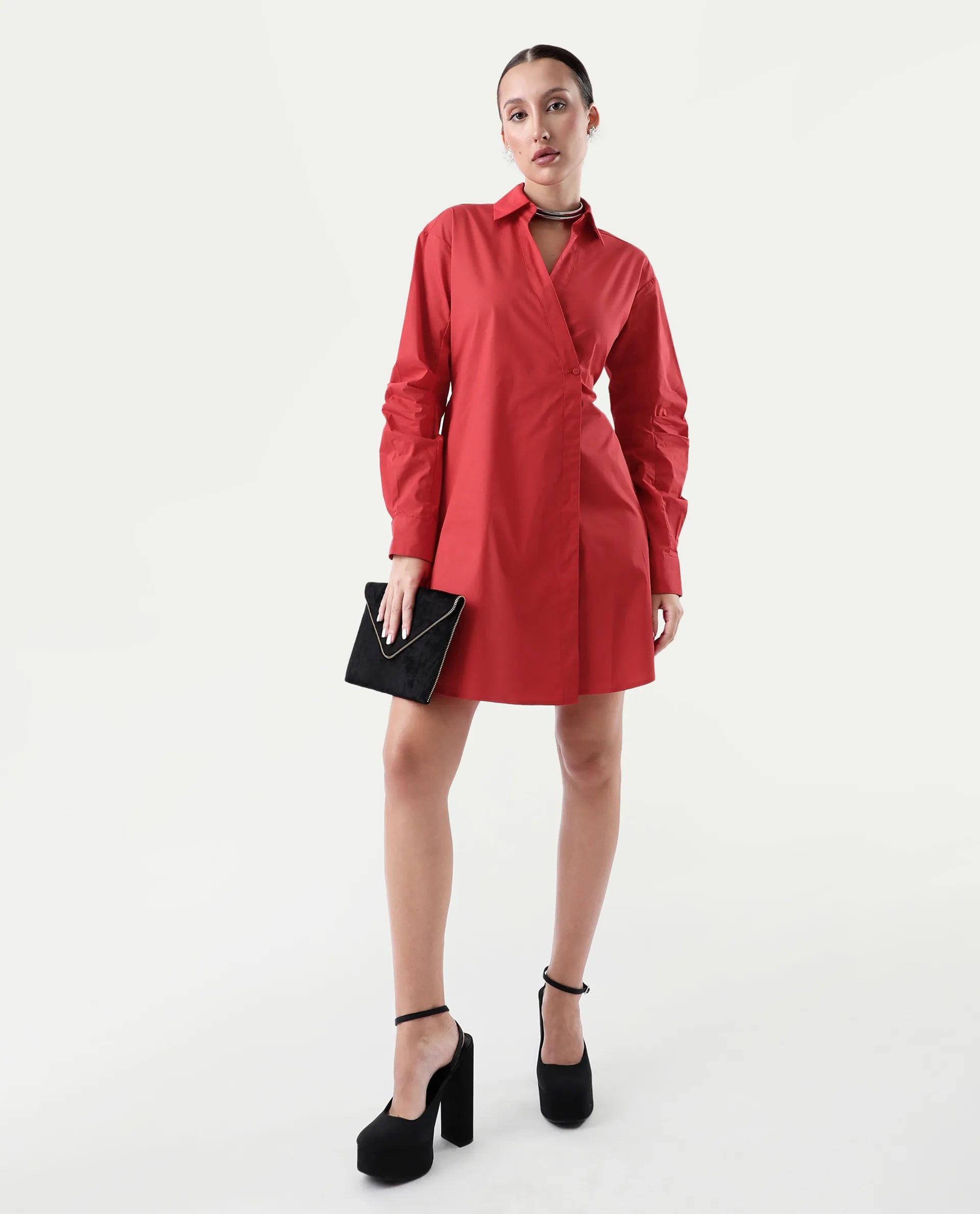 Rareism Women's Epops Red Cotton Blend Collared Plain Cuffed Sleeve Knee Length A-Line Dress