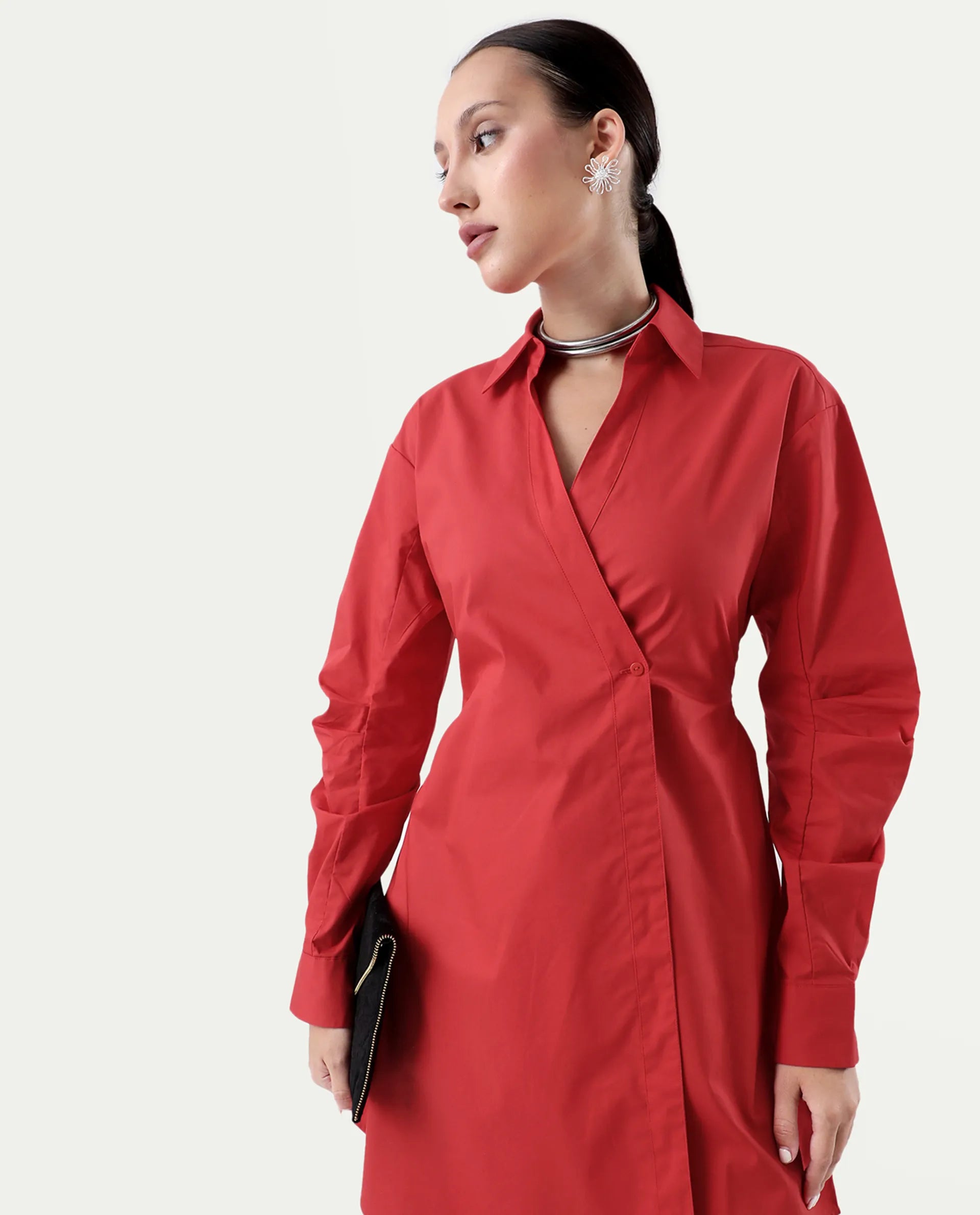 Rareism Women's Epops Red Cotton Blend Collared Plain Cuffed Sleeve Knee Length A-Line Dress