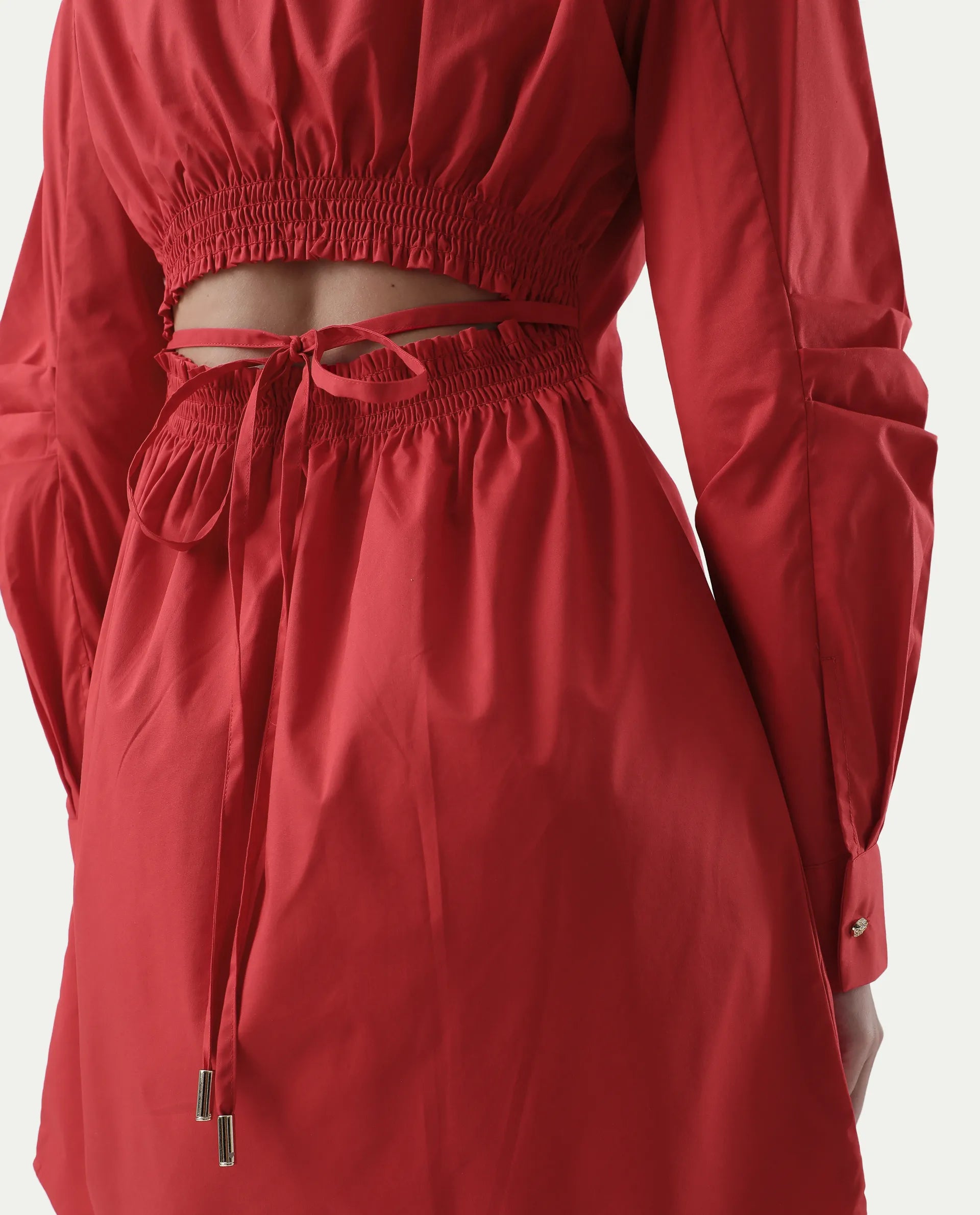 Rareism Women's Epops Red Cotton Blend Collared Plain Cuffed Sleeve Knee Length A-Line Dress