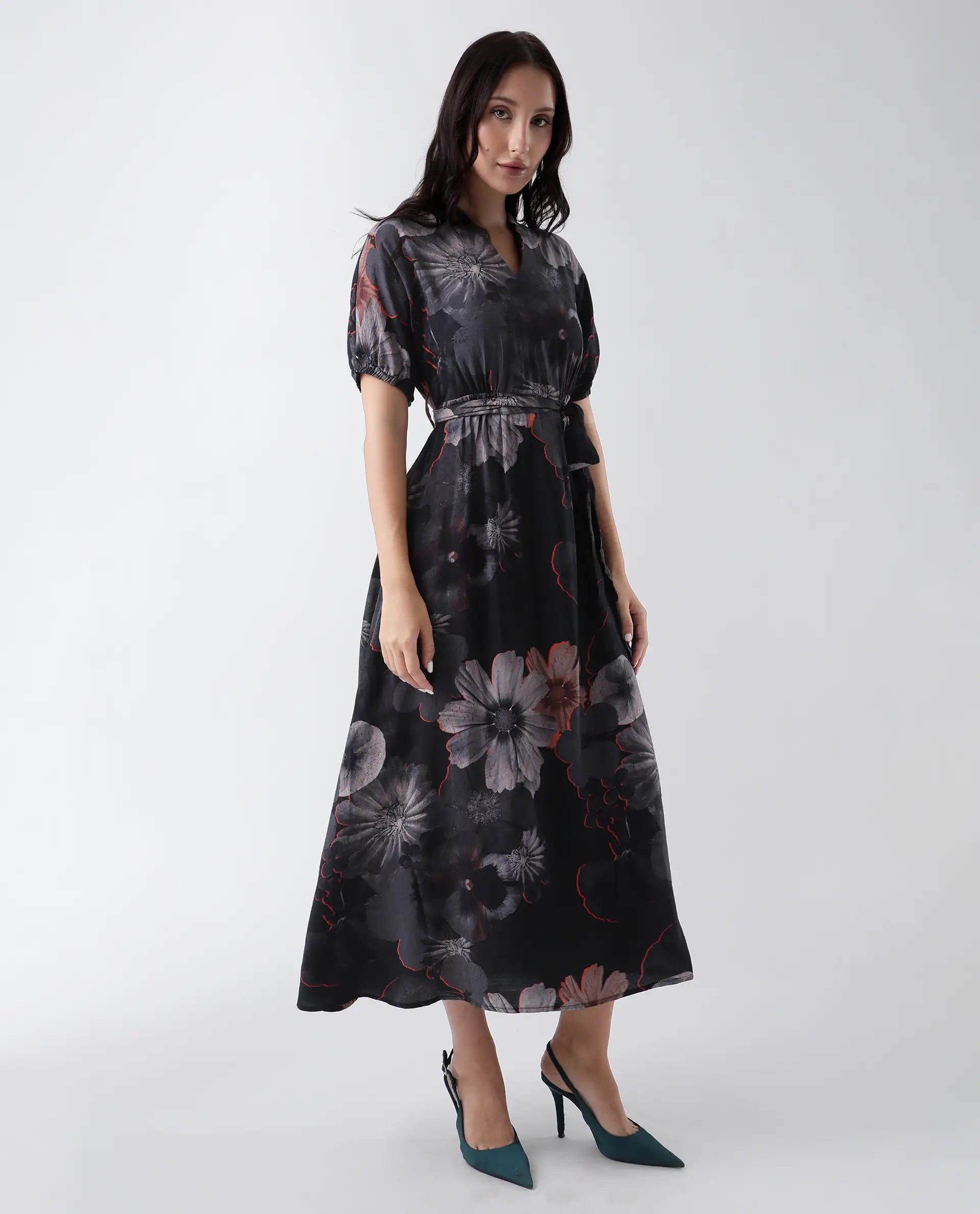 Rareism Women's Epory Black Viscose Blend Floral Print Extended Sleeves Midi A-Line Dress