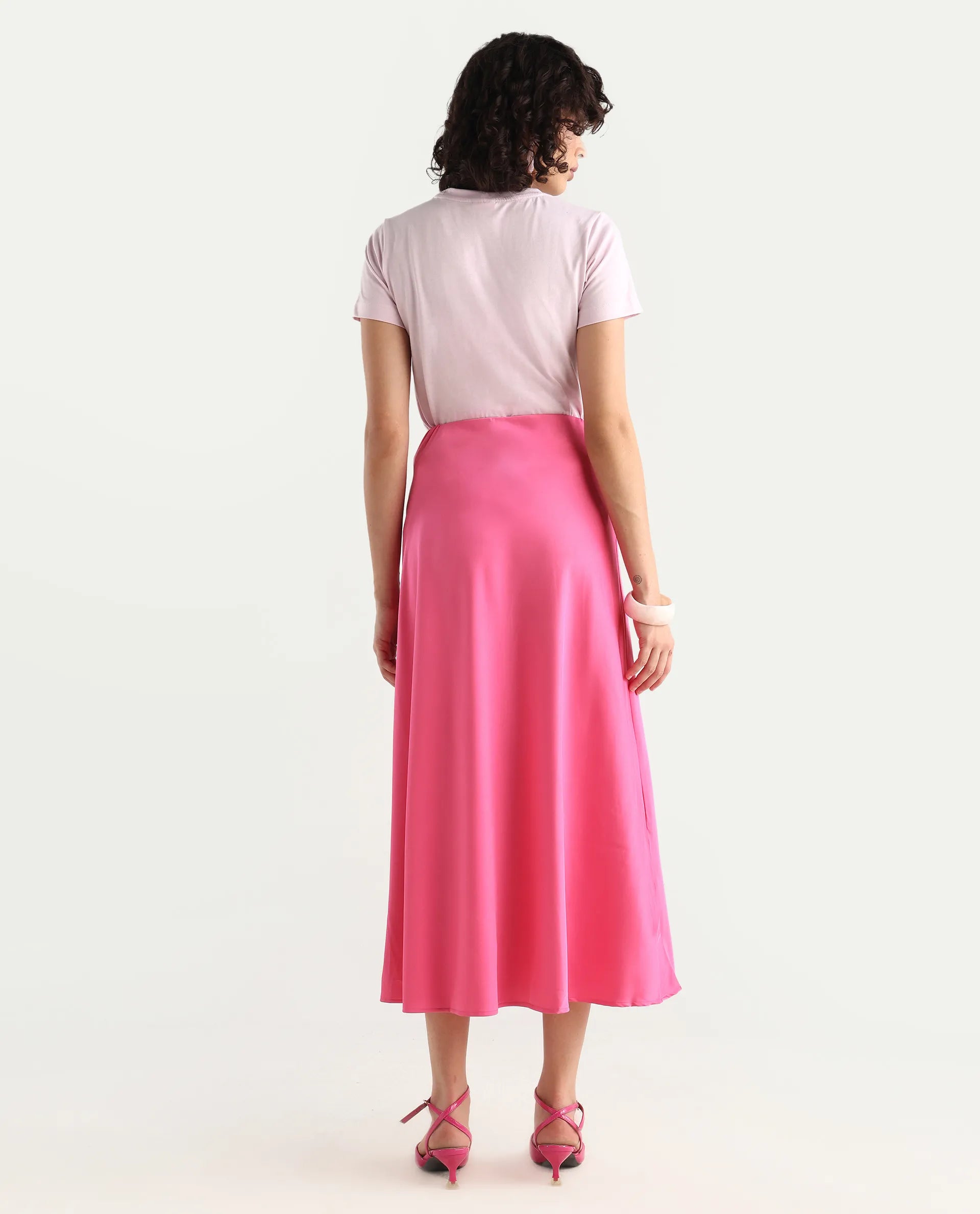 Rareism Women's Eprim Pink Satin Plain Maxi A-Line Skirt