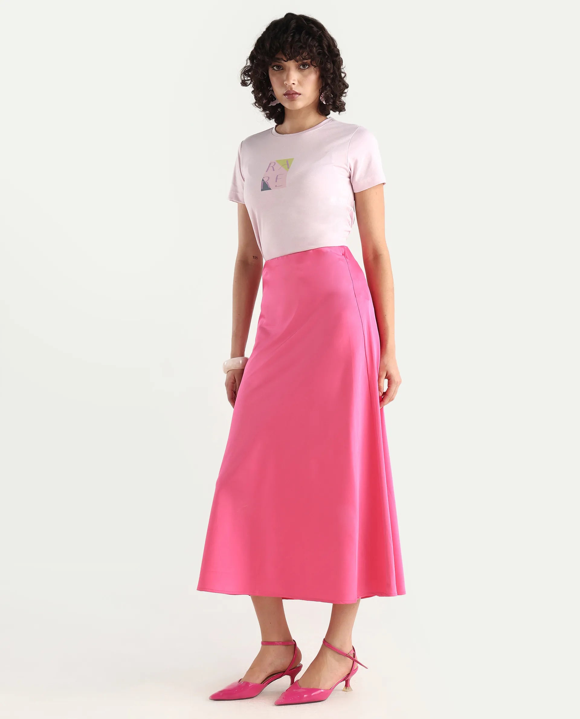 Rareism Women's Eprim Pink Satin Plain Maxi A-Line Skirt