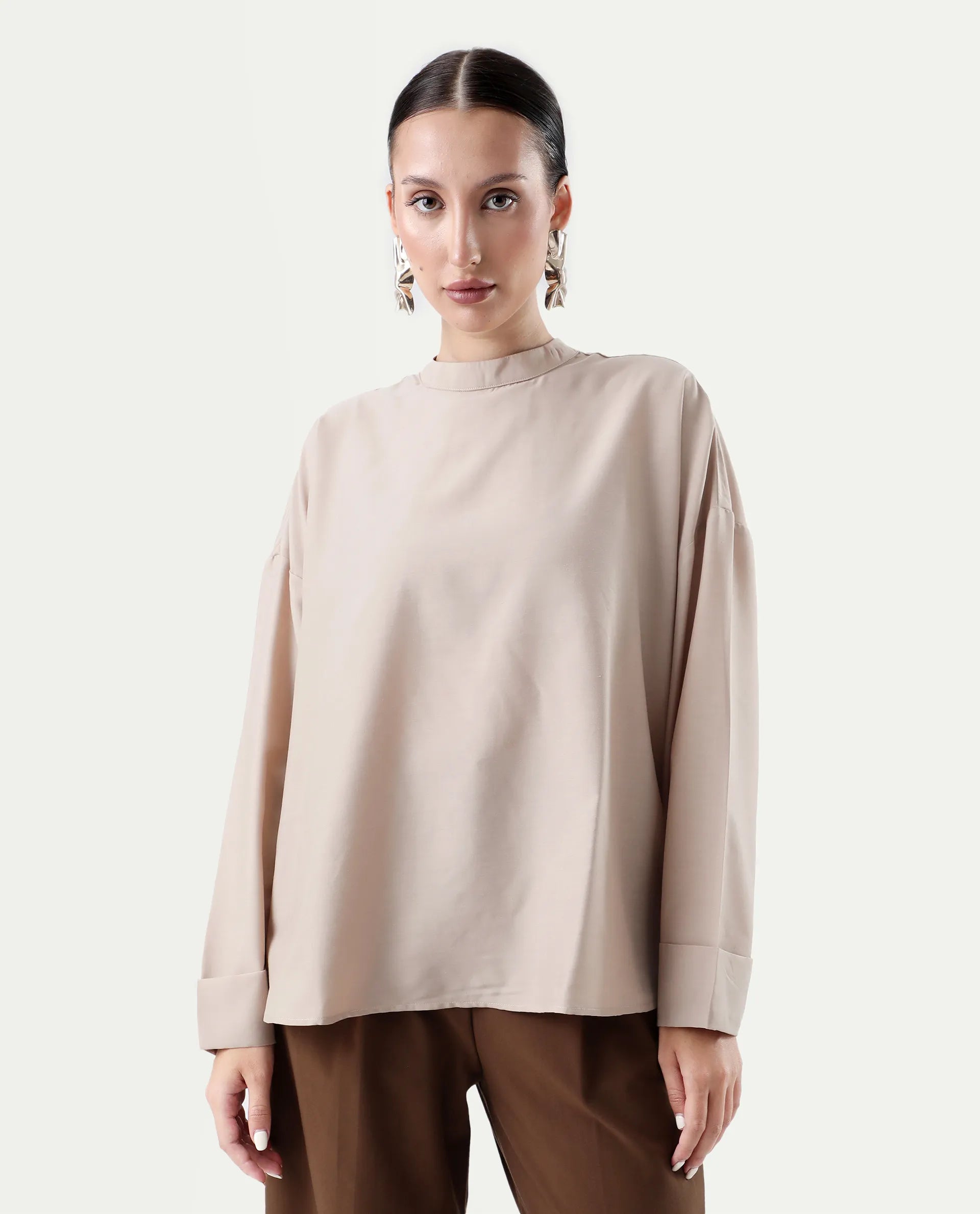 Rareism Women's Epsis Beige Polyester Plain Oversized Top