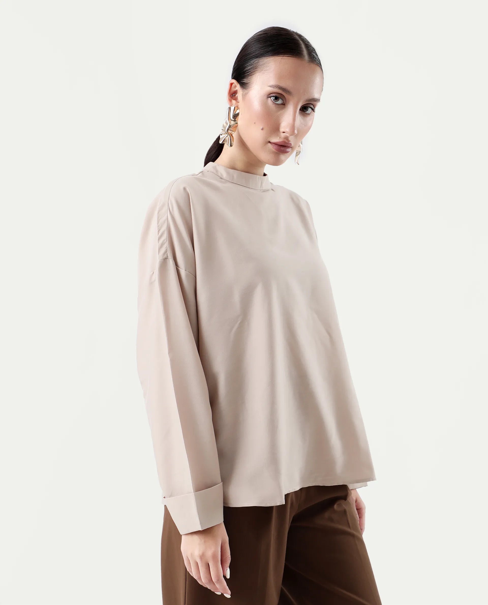 Rareism Women's Epsis Beige Polyester Plain Oversized Top