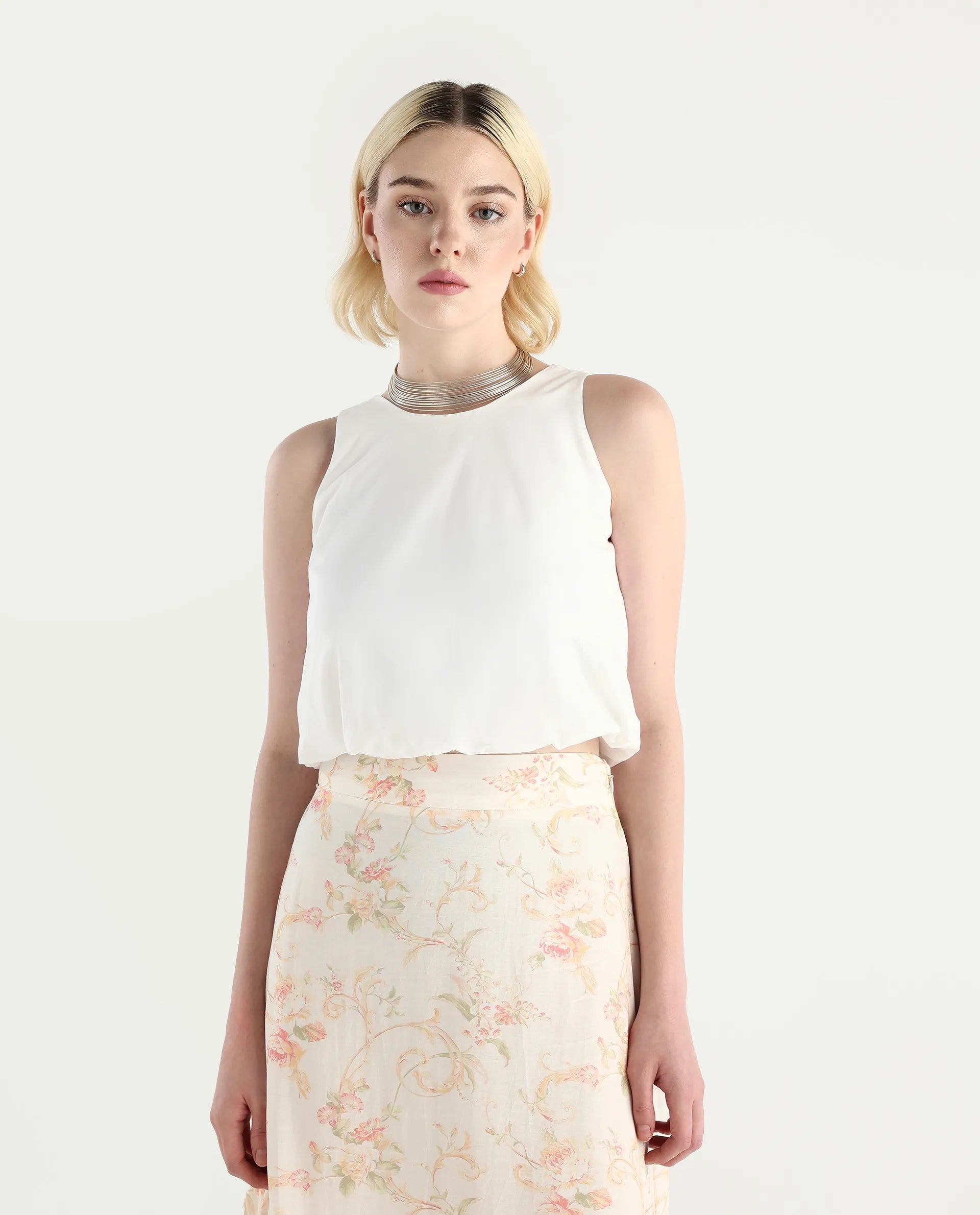 Rareism Women's Eptic White Cotton Plain Sleeveless Crop Regular Fit Top