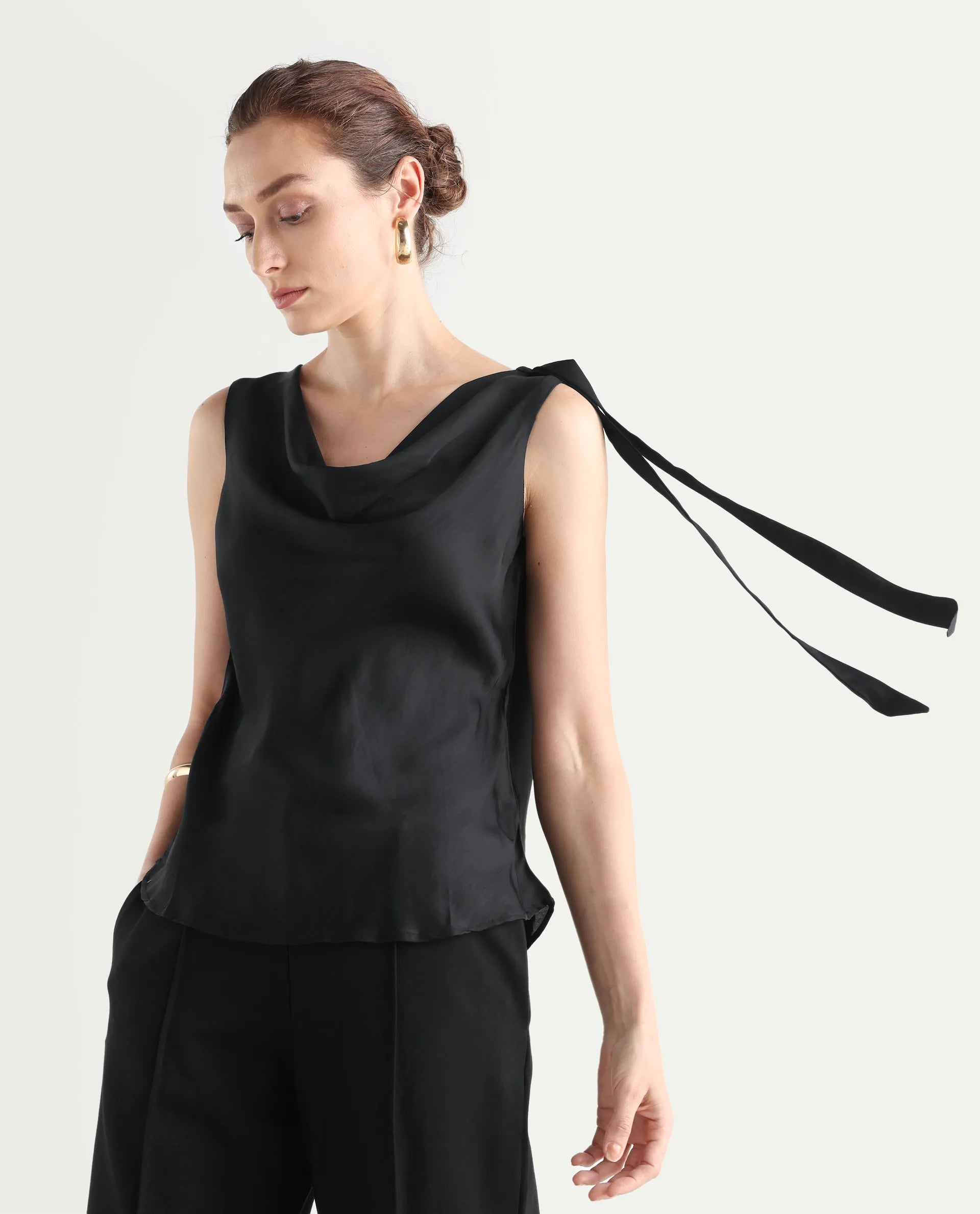 Rareism Women's Epuke Black Satin Boat Neck Plain Sleeveless Regular Fit Top