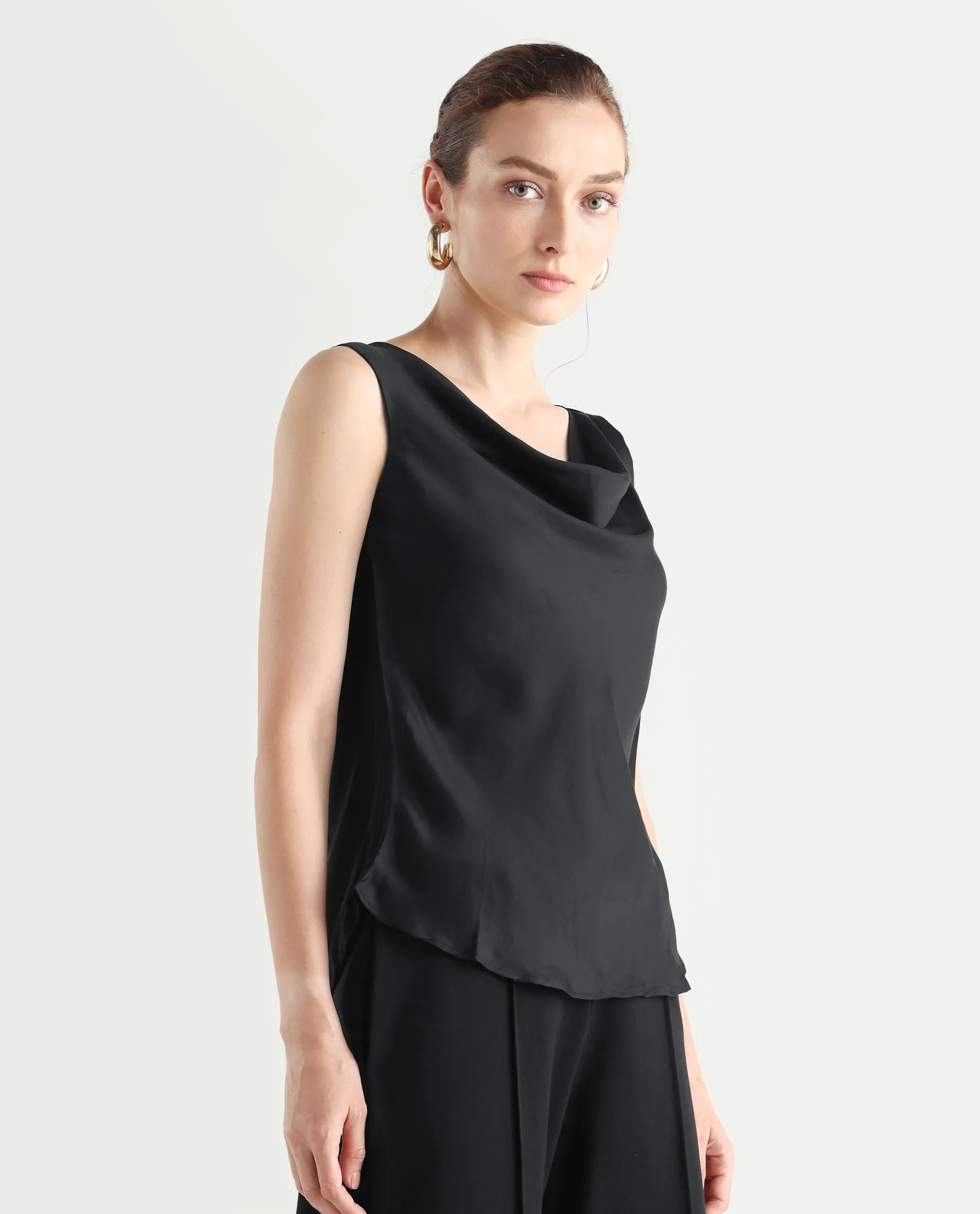 Rareism Women's Epuke Black Satin Boat Neck Plain Sleeveless Regular Fit Top