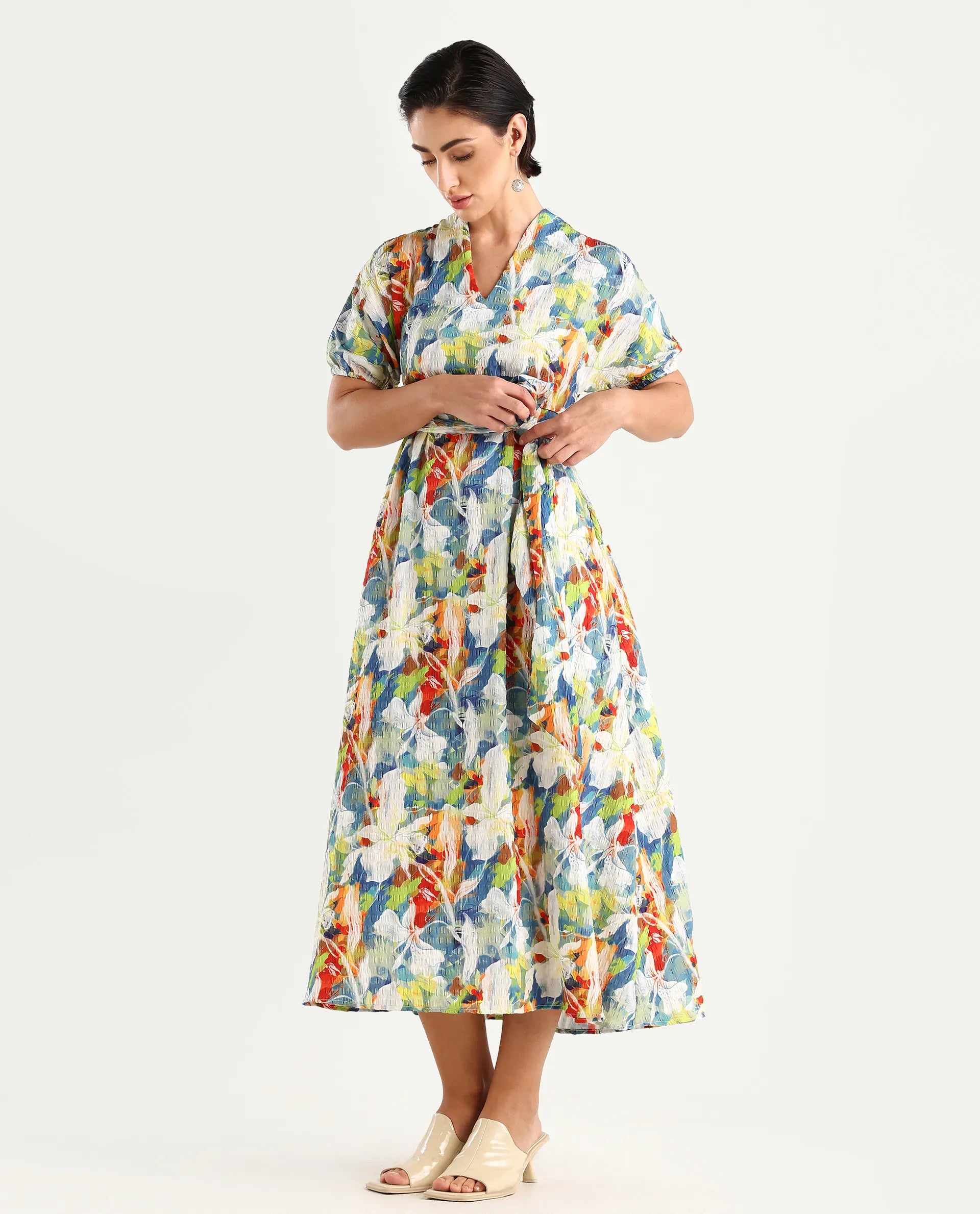 Rareism Women's Epure Multi Polyester V-Neck Abstract Print Extended Sleeves Midi A-Line Dress