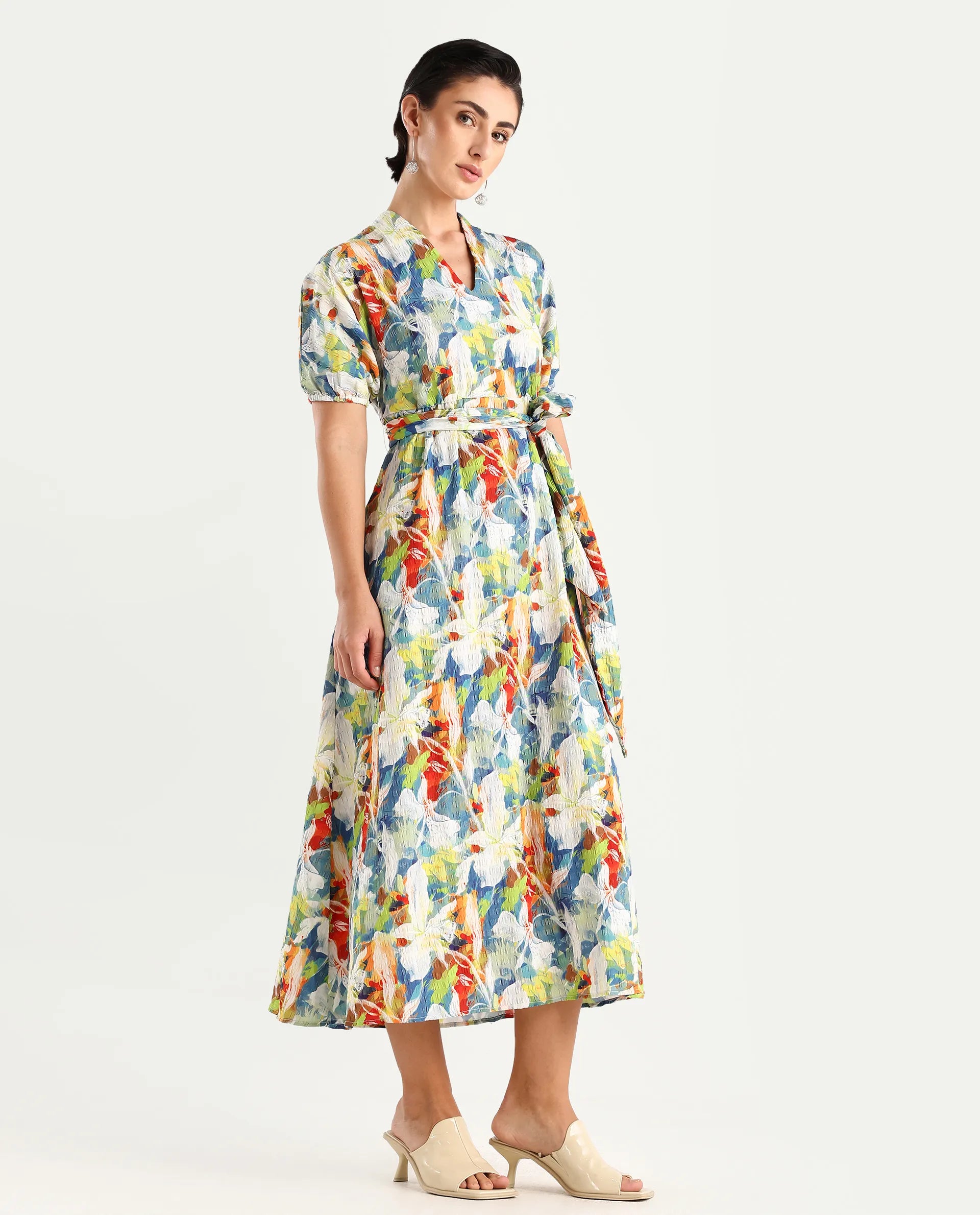 Rareism Women's Epure Multi Polyester V-Neck Abstract Print Extended Sleeves Midi A-Line Dress