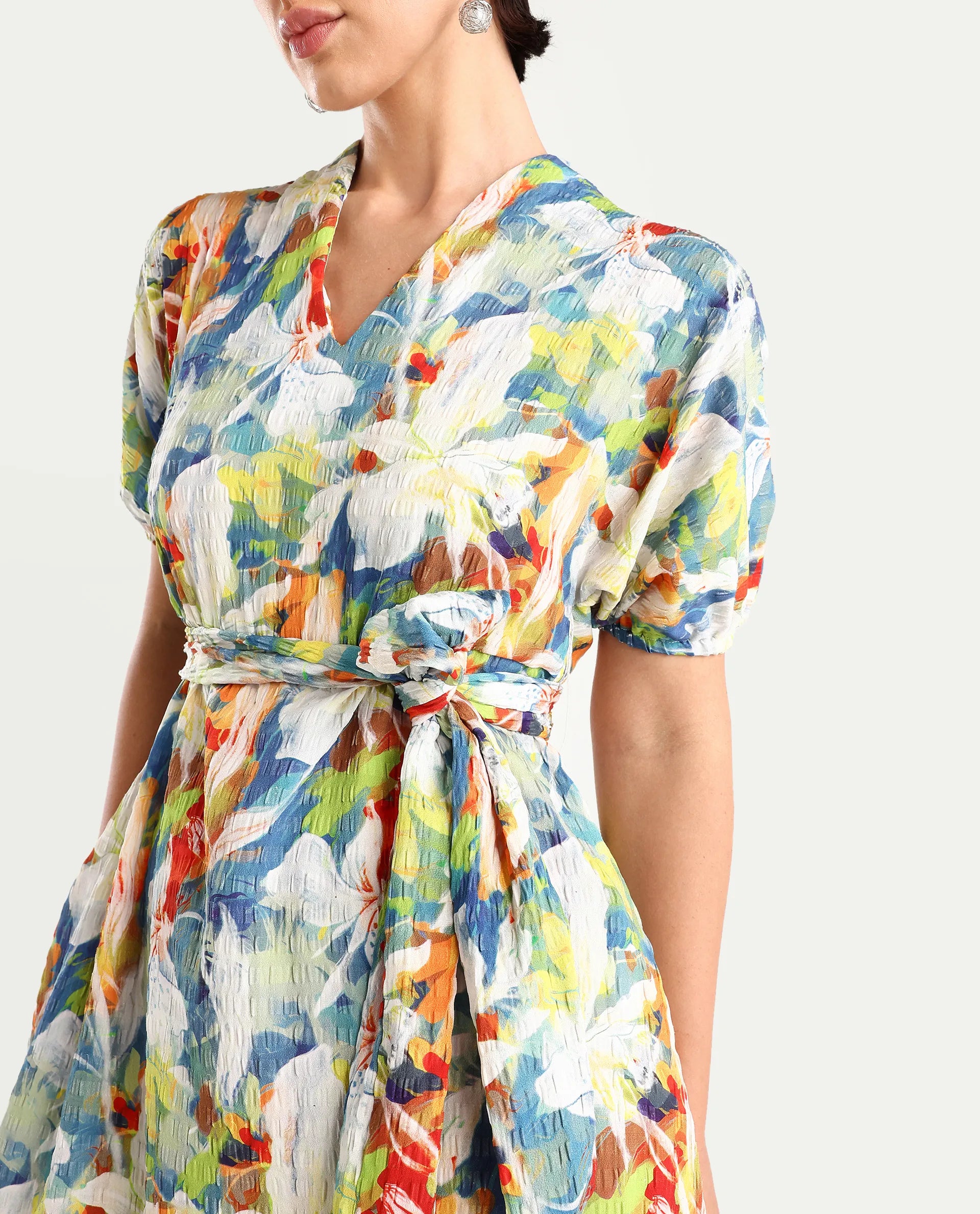 Rareism Women's Epure Multi Polyester V-Neck Abstract Print Extended Sleeves Midi A-Line Dress