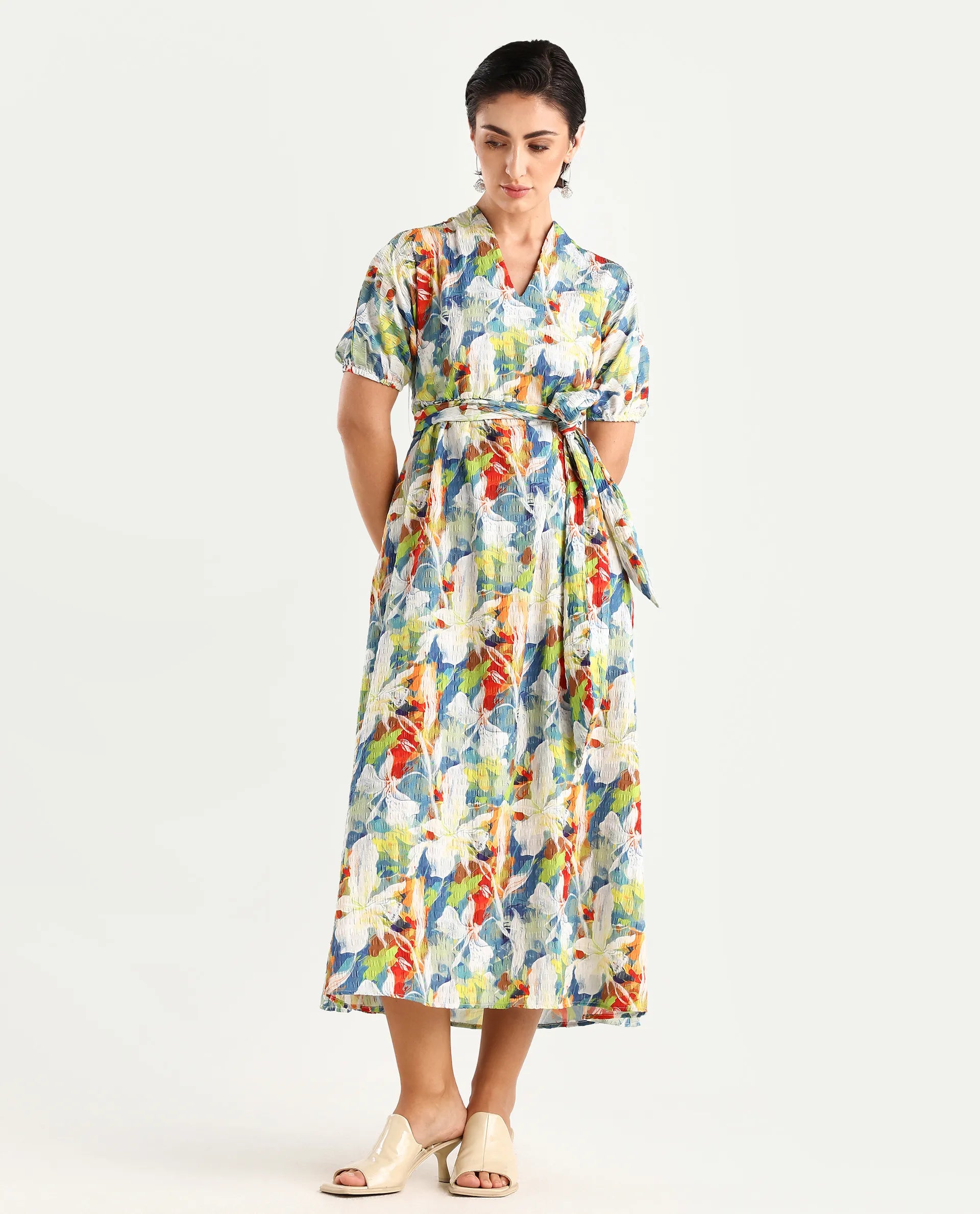 Rareism Women's Epure Multi Polyester V-Neck Abstract Print Extended Sleeves Midi A-Line Dress