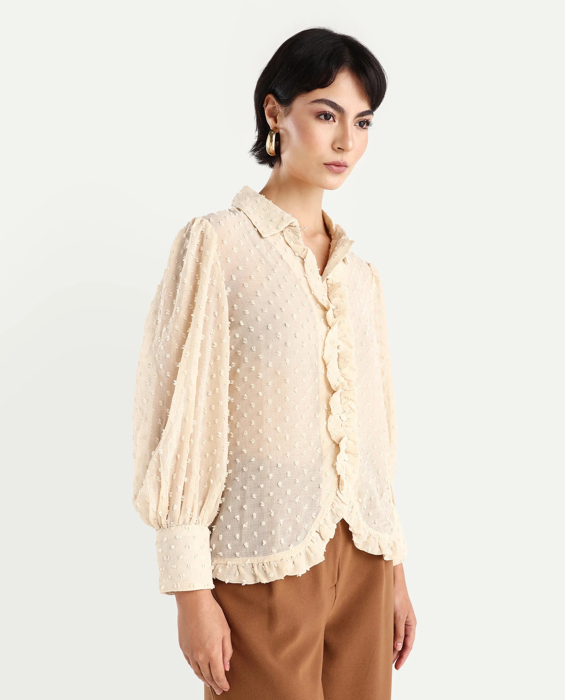 Rareism Women's Erat Beige Polyester Blend Drop Collar Plain Bishop Sleeve Regular Fit Top