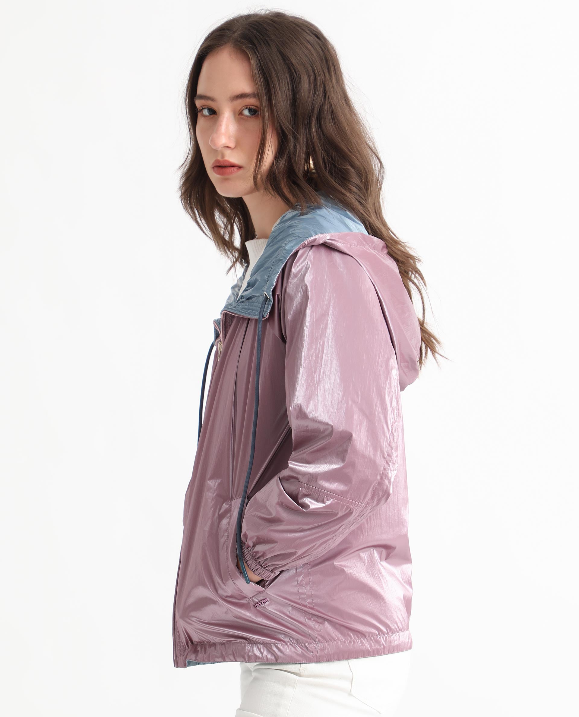 Rareism Women Erber Pink Polyester Fabric Full Sleeves Zip Closure Hooded Balloon Sleeve Regular Fit Plain Jacket
