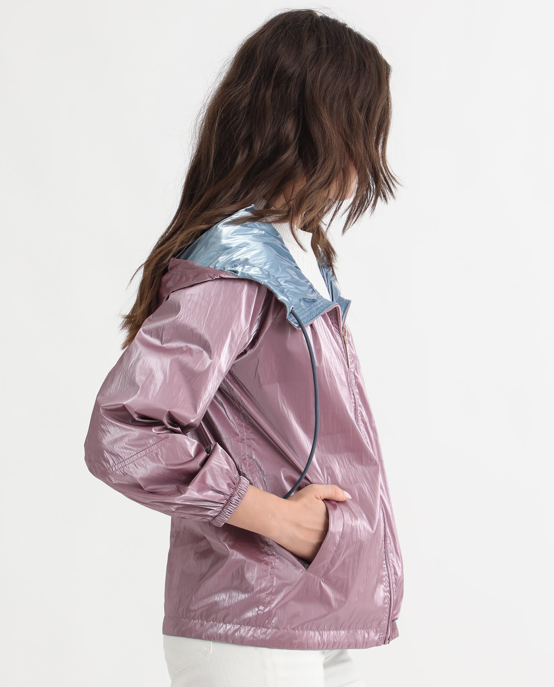 Rareism Women Erber Pink Polyester Fabric Full Sleeves Zip Closure Hooded Balloon Sleeve Regular Fit Plain Jacket