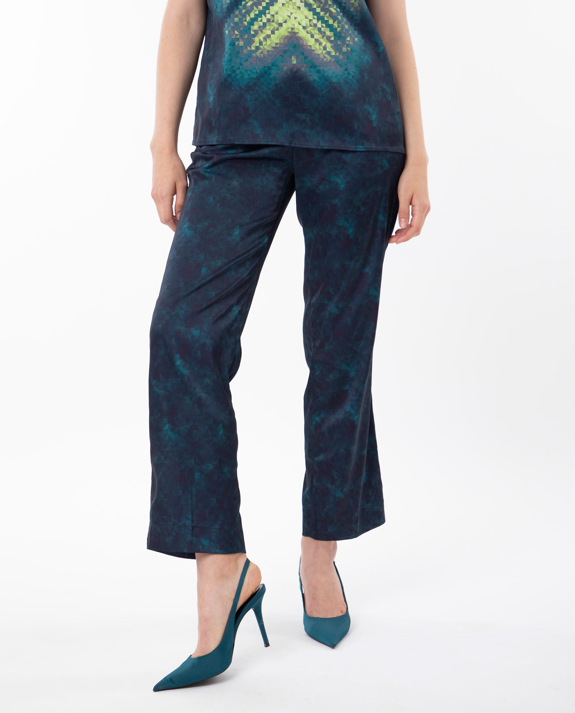 Rareism Women Erent Blue Polyester Fabric Relaxed Fit Abstract Print Ankle Length Trousers