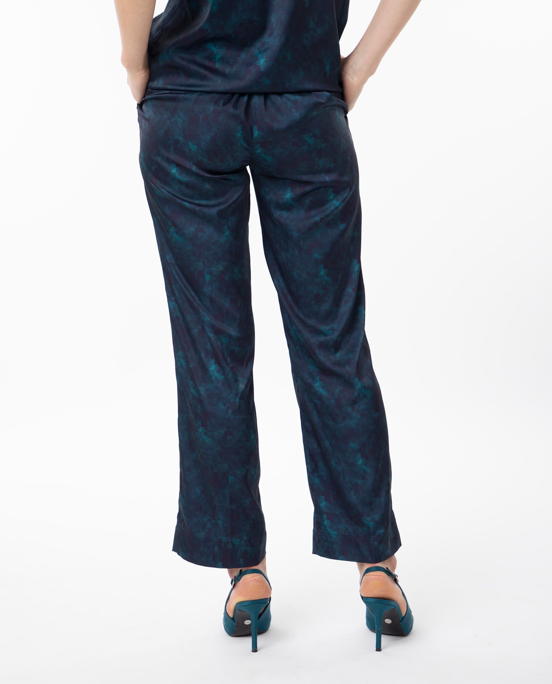 Rareism Women Erent Blue Polyester Fabric Relaxed Fit Abstract Print Ankle Length Trousers