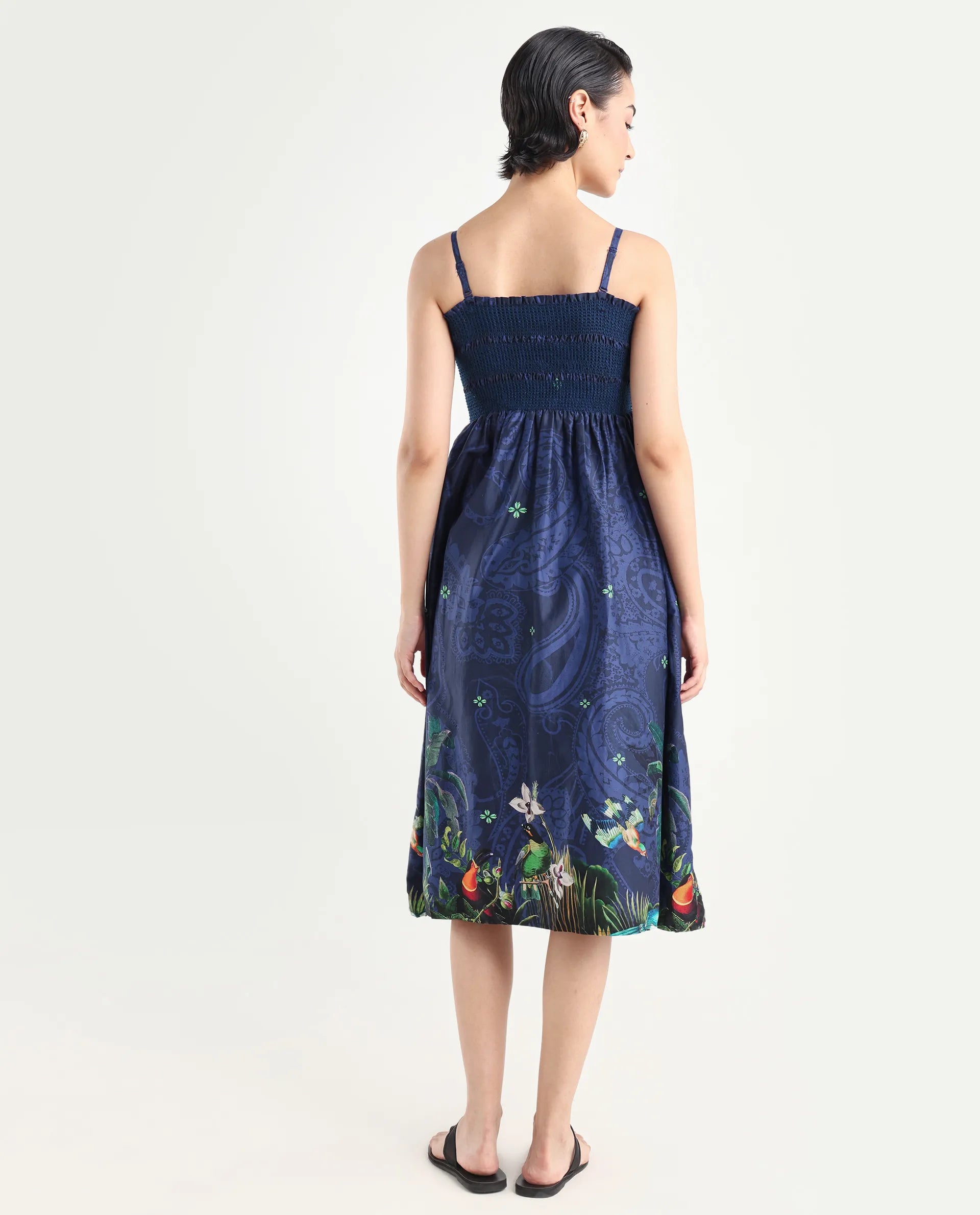 Rareism Women's Ergen Blue Cotton Tube Neck Floral Print Midi Fit And Flare Dress
