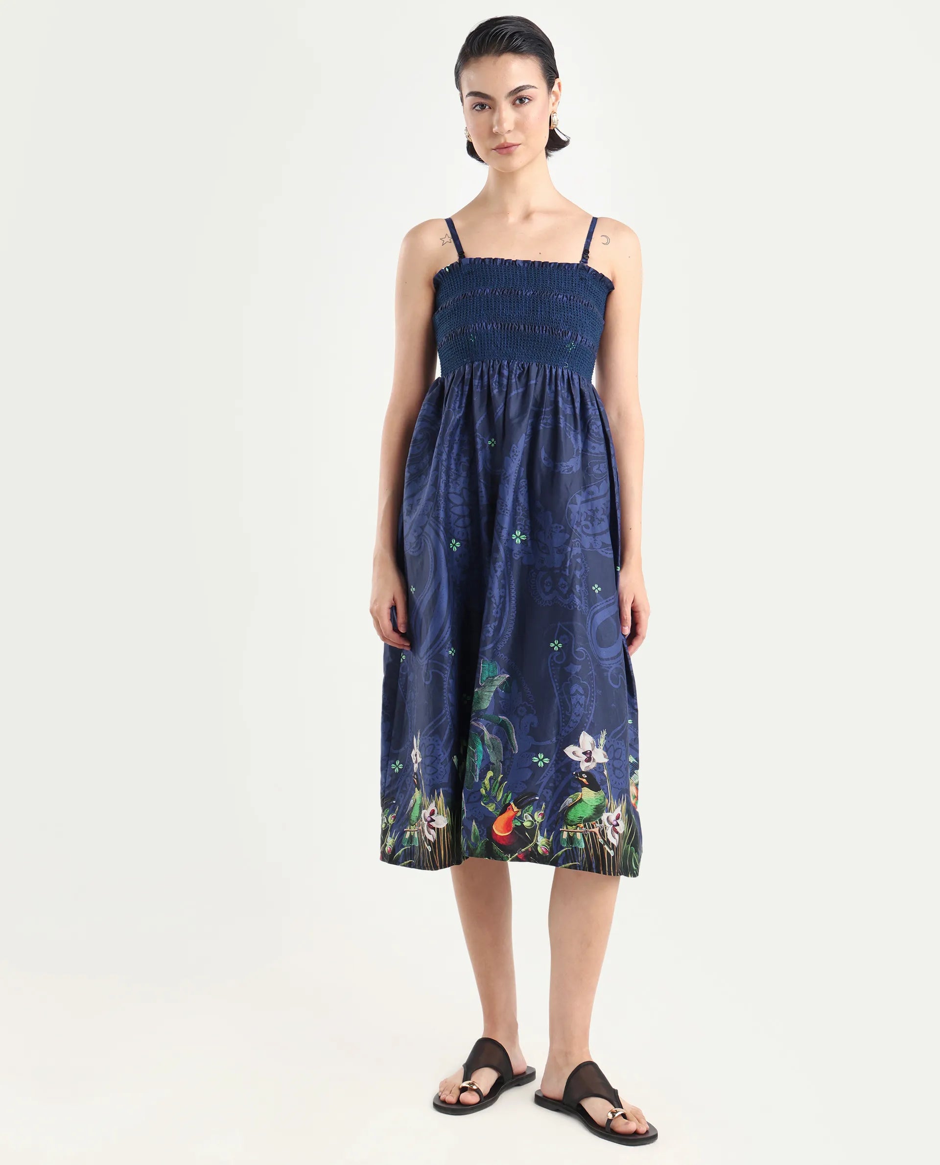 Rareism Women's Ergen Blue Cotton Tube Neck Floral Print Midi Fit And Flare Dress