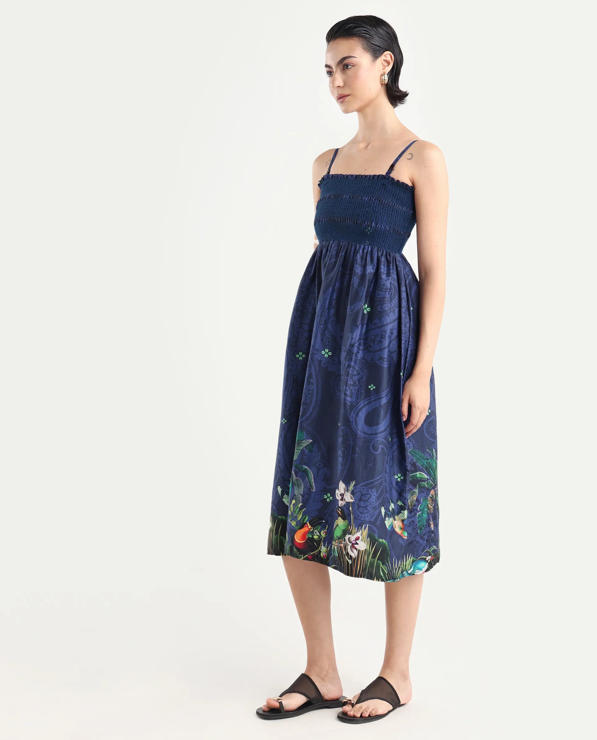 Rareism Women's Ergen Blue Cotton Tube Neck Floral Print Midi Fit And Flare Dress