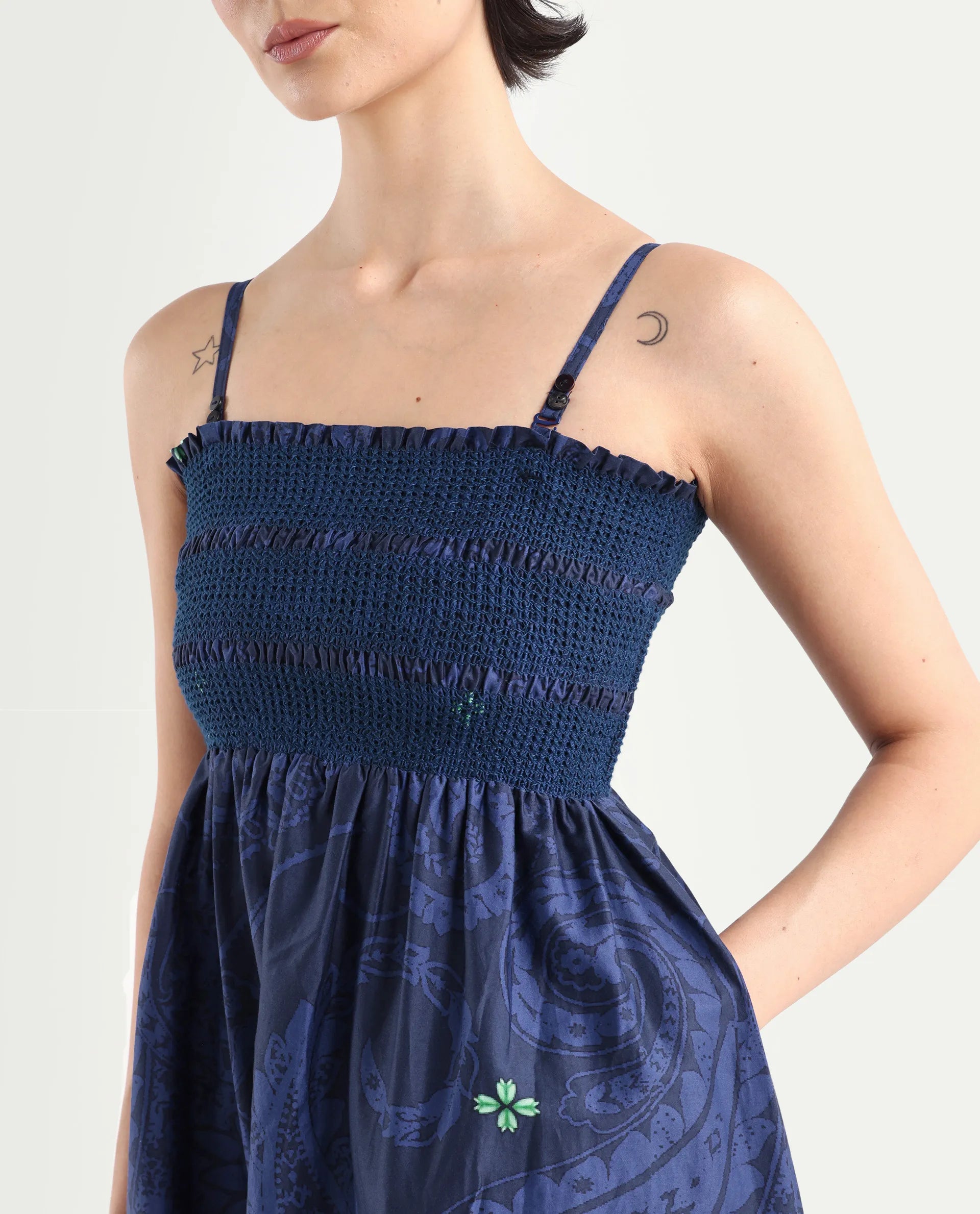 Rareism Women's Ergen Blue Cotton Tube Neck Floral Print Midi Fit And Flare Dress