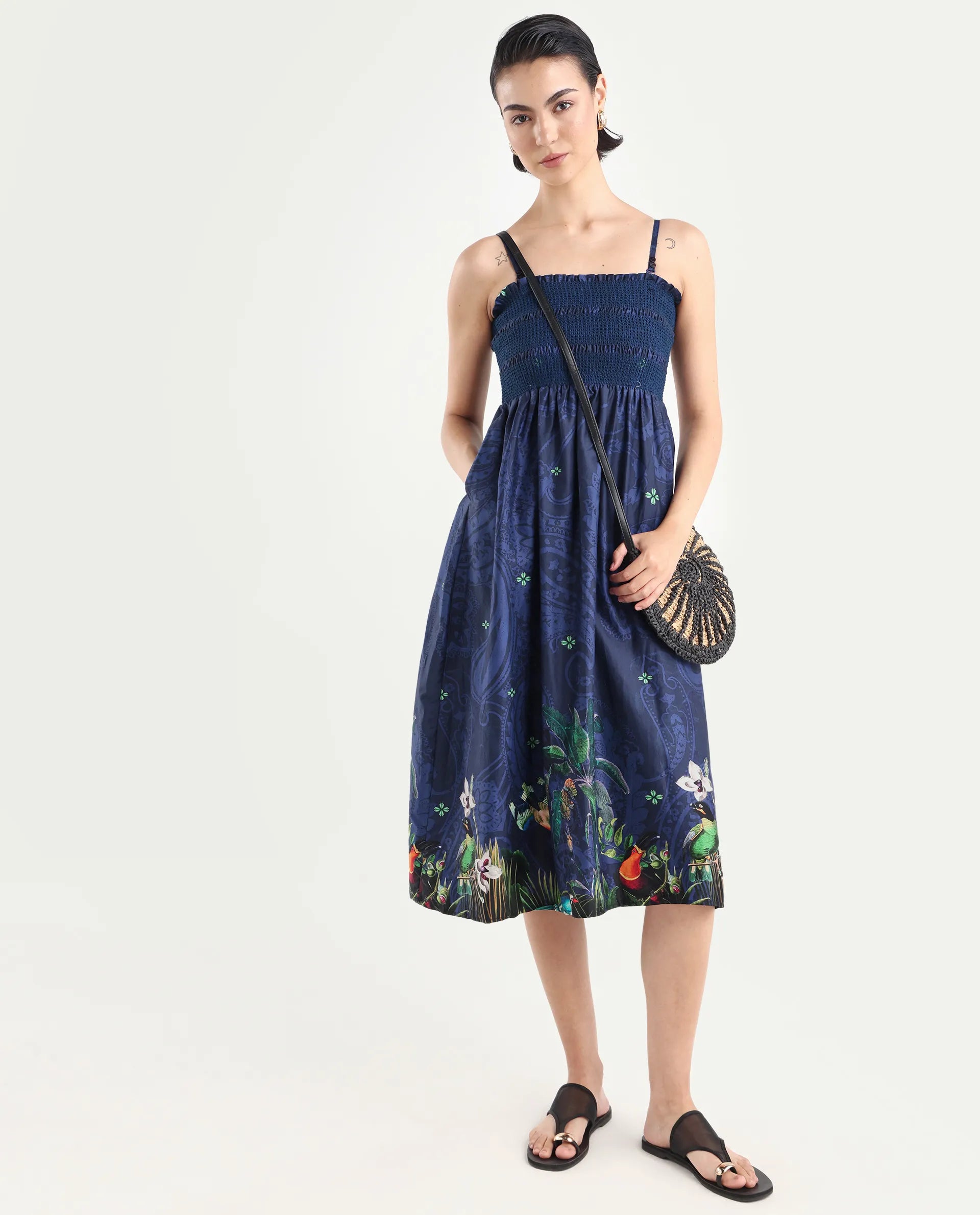 Rareism Women's Ergen Blue Cotton Tube Neck Floral Print Midi Fit And Flare Dress
