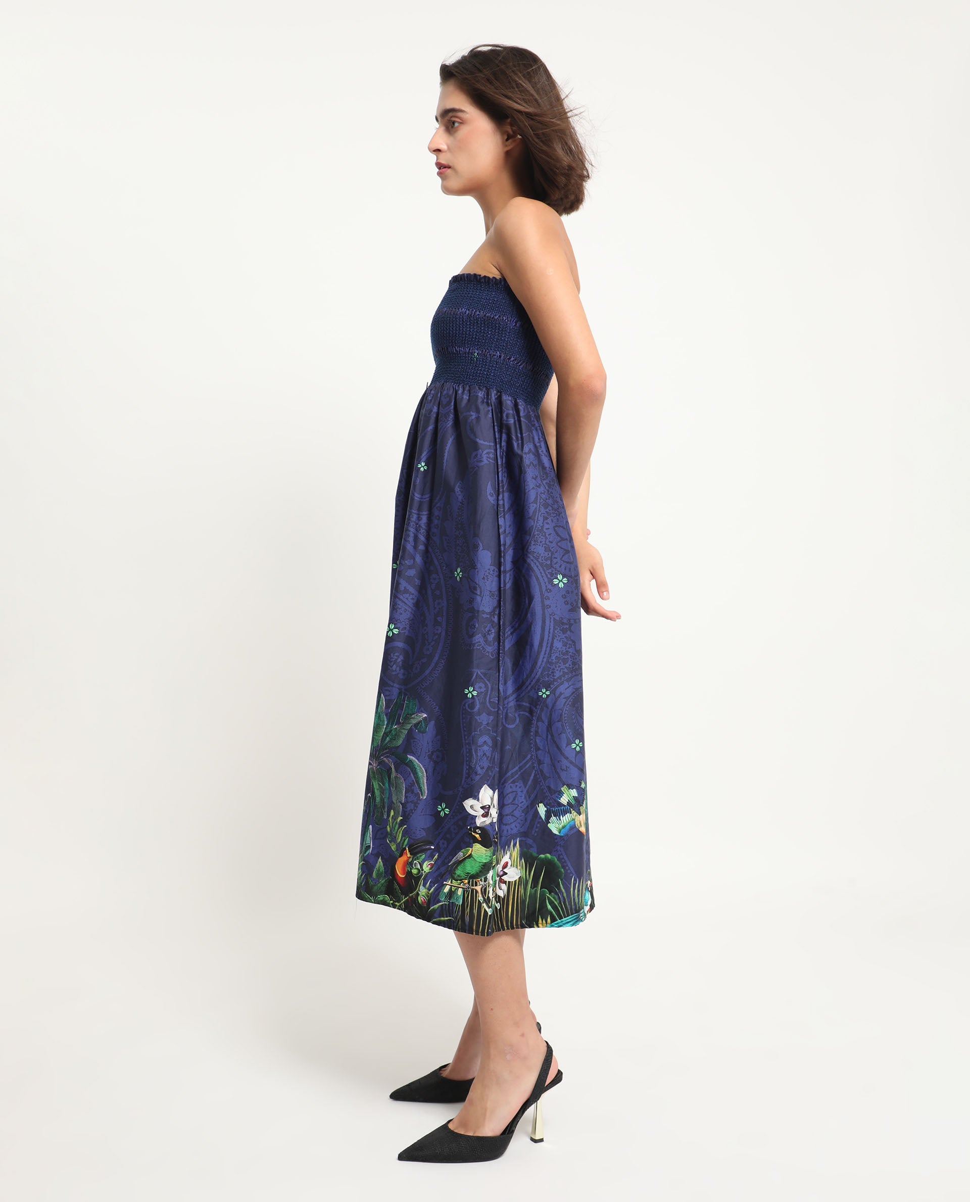 Rareism Women's Ergen Blue Cotton Fabric Tube Neck Floral Print Fit And Flare Midi Dress