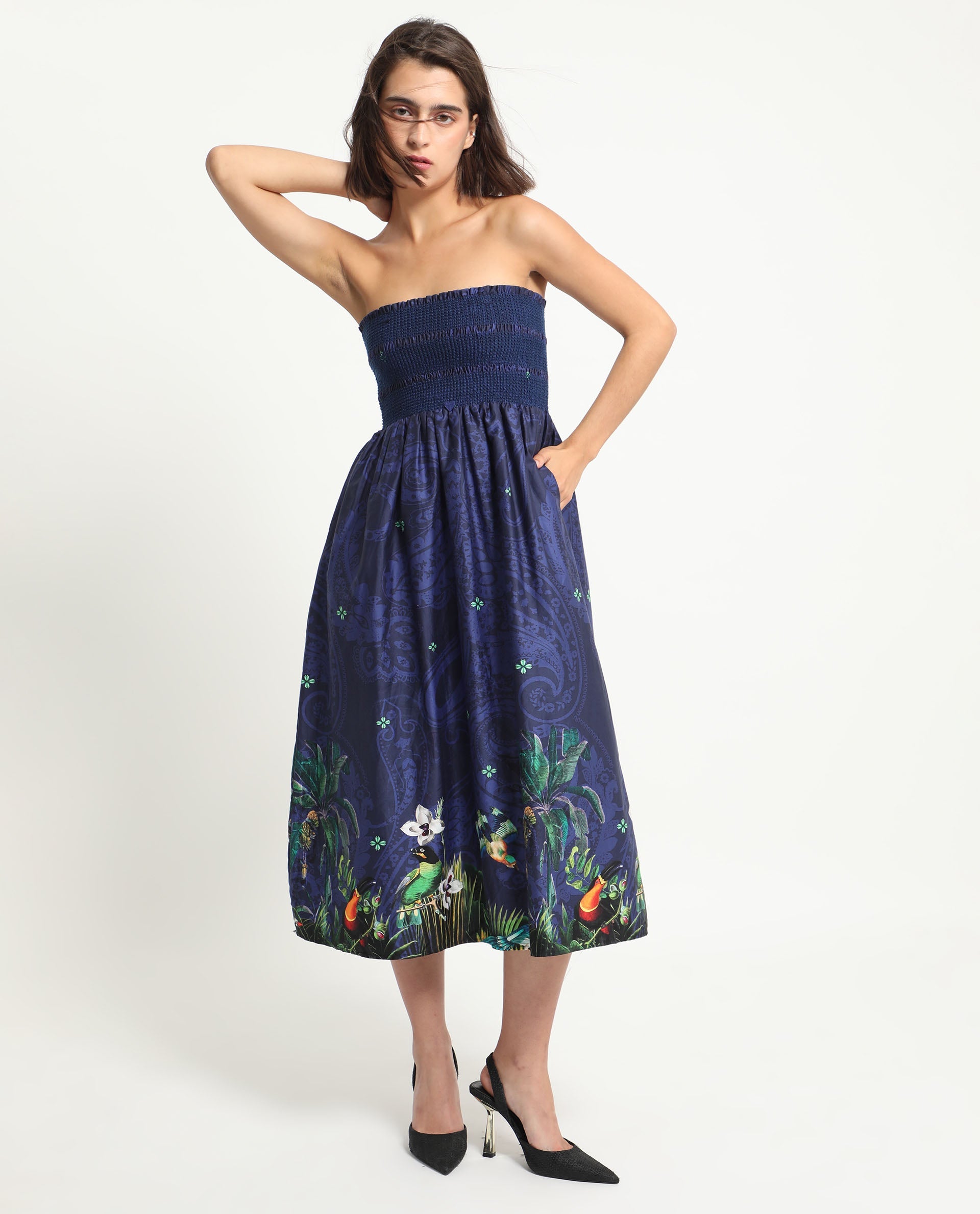 Rareism Women's Ergen Blue Cotton Fabric Tube Neck Floral Print Fit And Flare Midi Dress