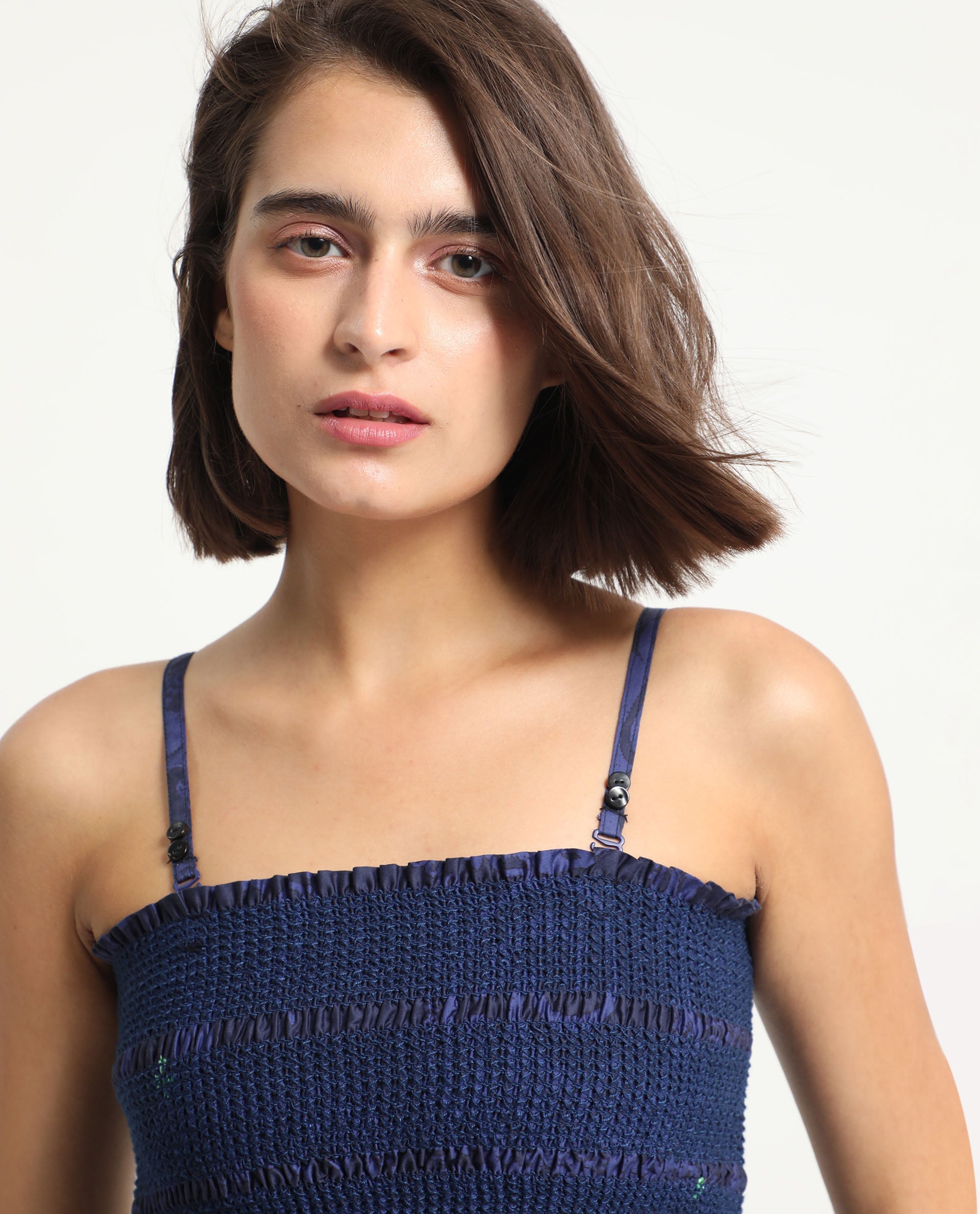 Rareism Women's Ergen Blue Cotton Fabric Tube Neck Floral Print Fit And Flare Midi Dress