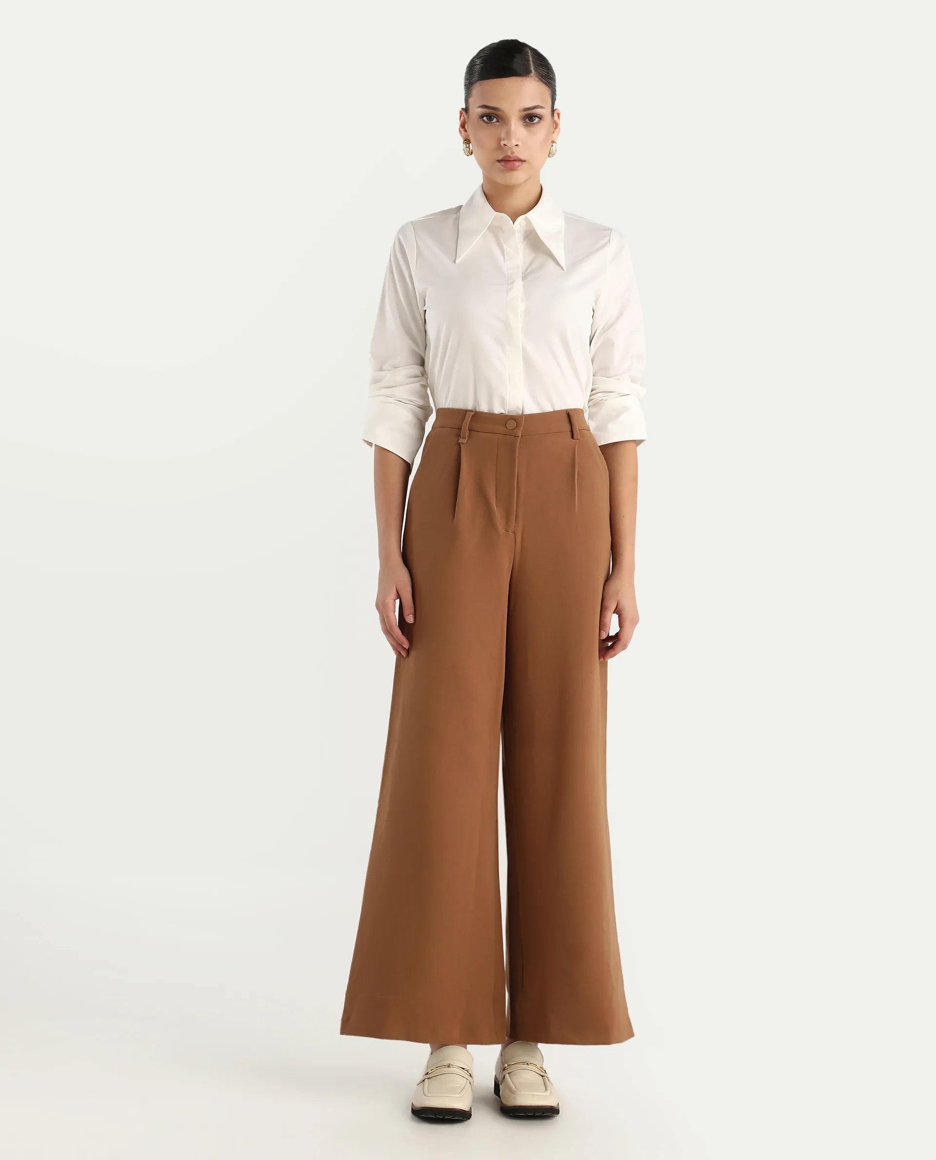 Rareism Women's Erica - Beige Polyester Blend Plain Ankle Length Wide Trouser