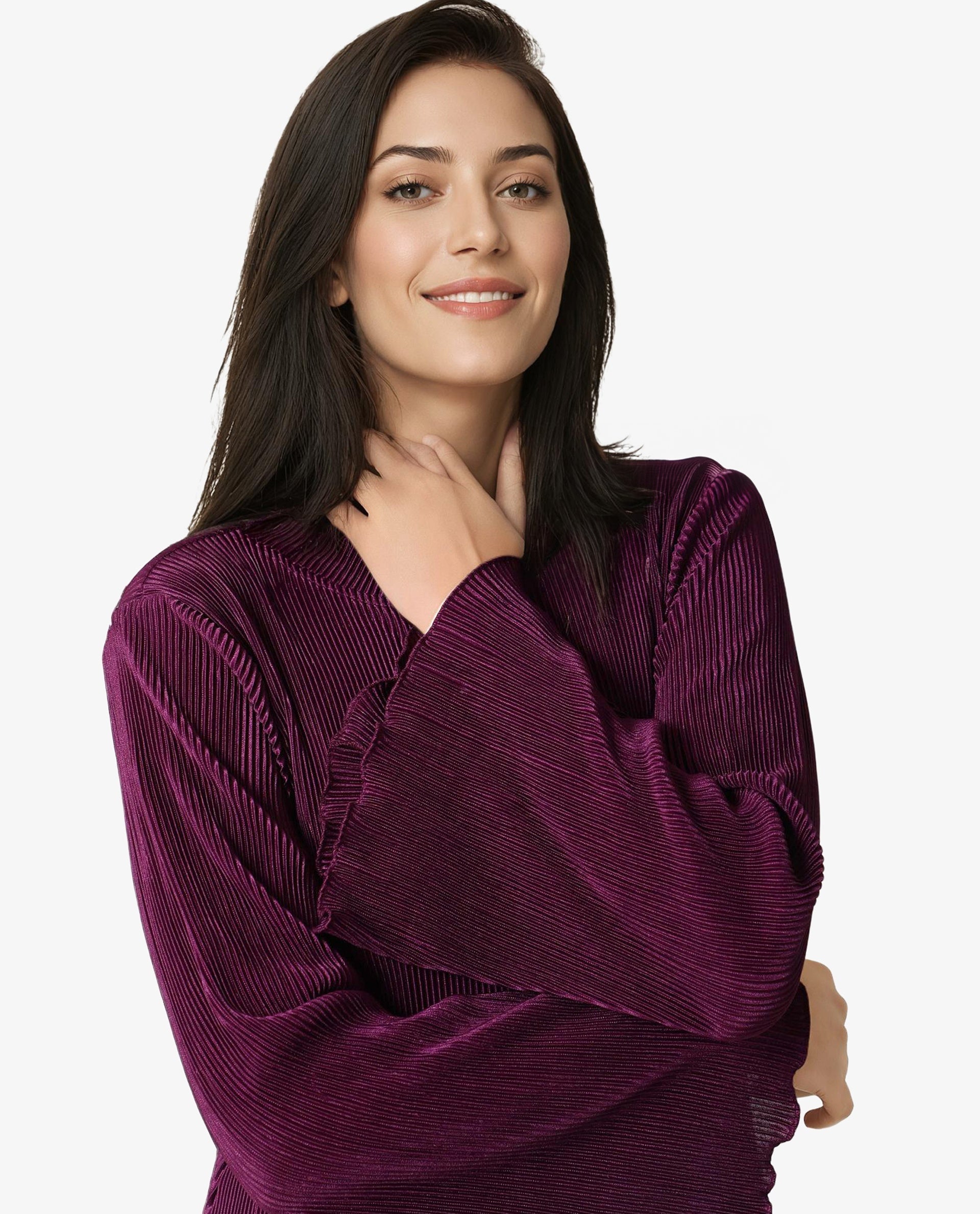Rareism Women Erica Maroon High Neck Bell Sleeves Mini Dress