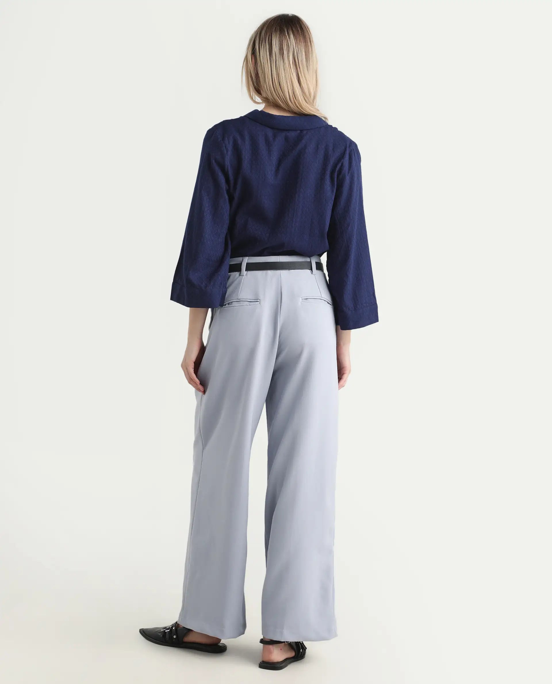 Rareism Women's Erica Grey Polyester Blend Plain Ankle Length Wide Trouser