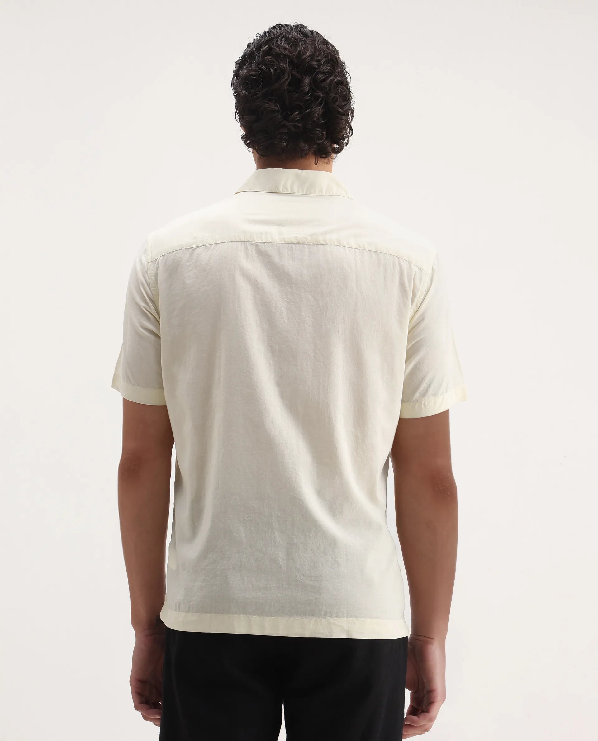 Rare Rabbit Men's Eric Off White Cotton Embroidered Boxy Fit Half Sleeve Cuban Collar Shirt