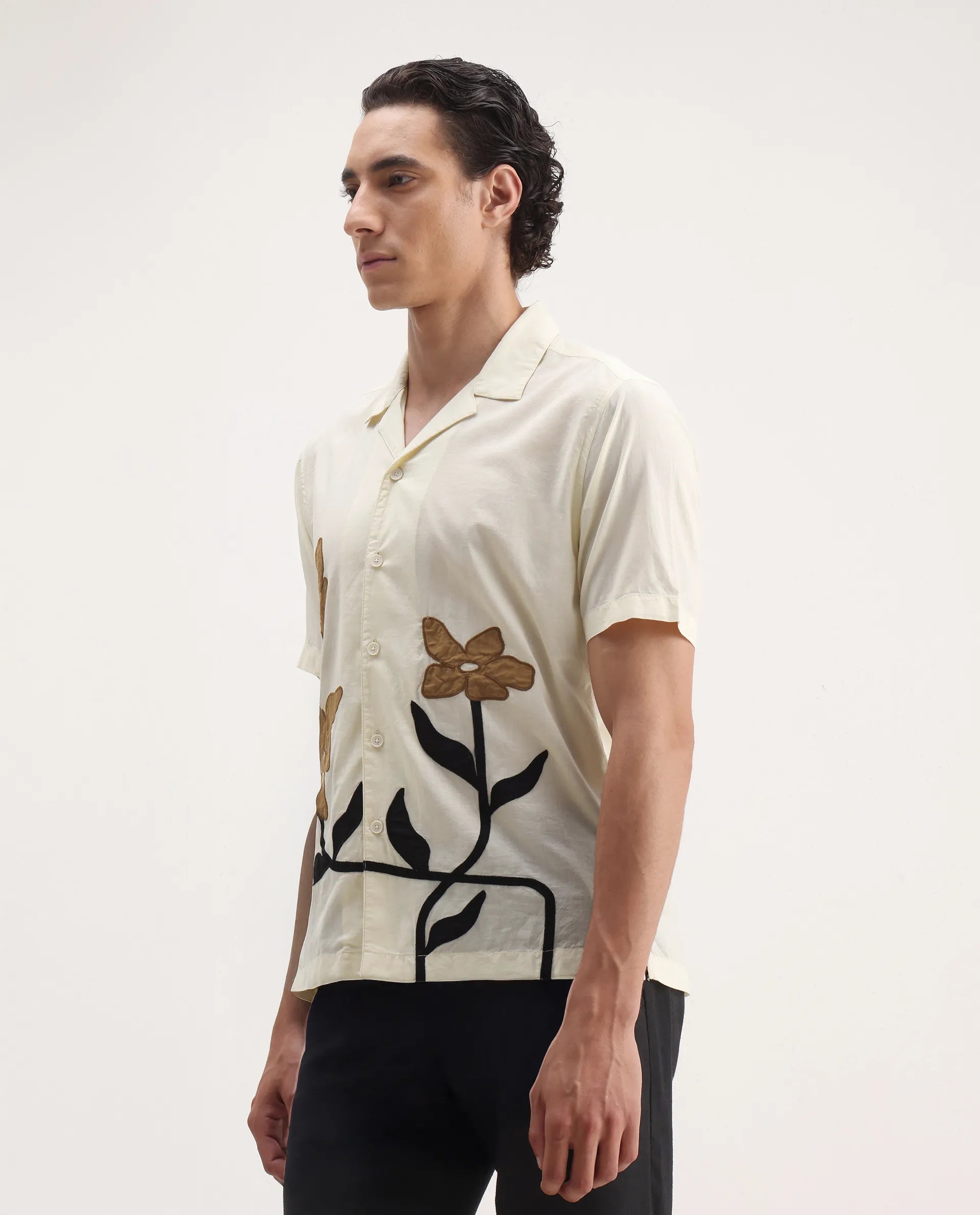 Rare Rabbit Men's Eric Off White Cotton Embroidered Boxy Fit Half Sleeve Cuban Collar Shirt