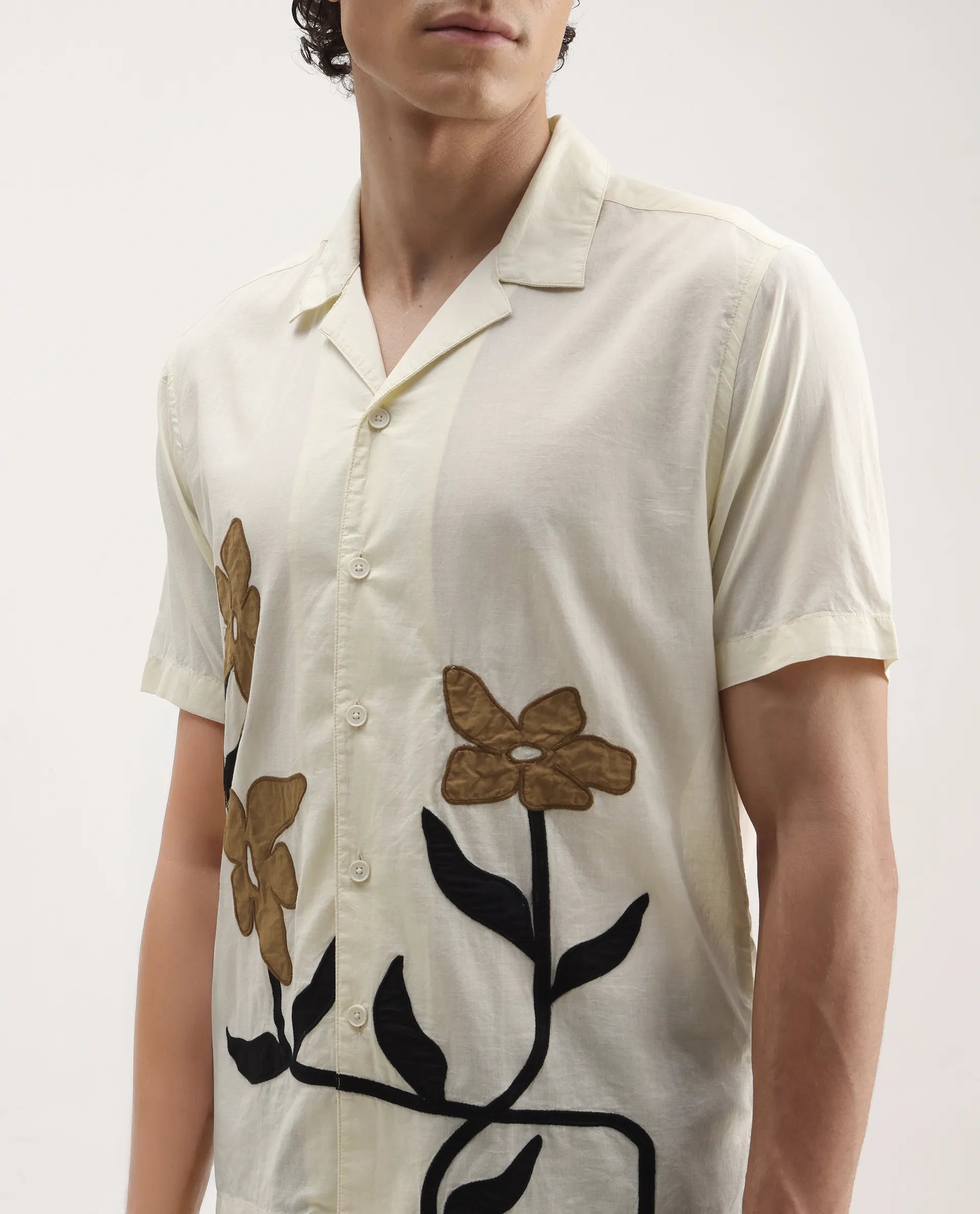 Rare Rabbit Men's Eric Off White Cotton Embroidered Boxy Fit Half Sleeve Cuban Collar Shirt