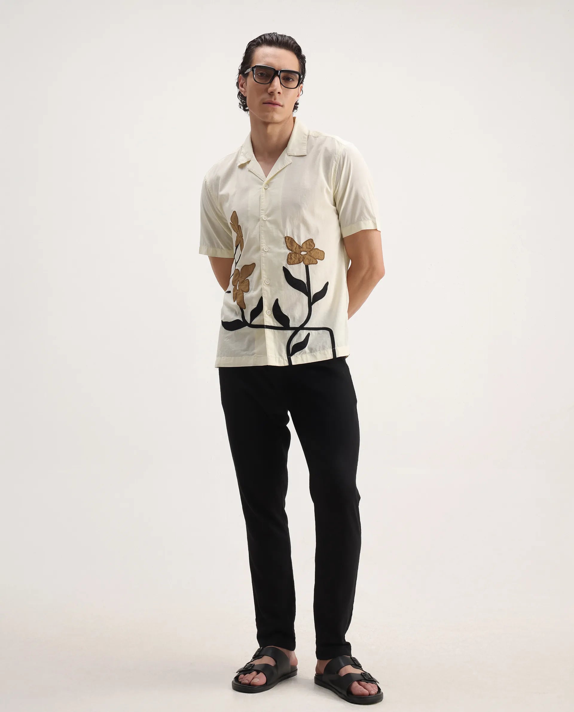 Rare Rabbit Men's Eric Off White Cotton Embroidered Boxy Fit Half Sleeve Cuban Collar Shirt