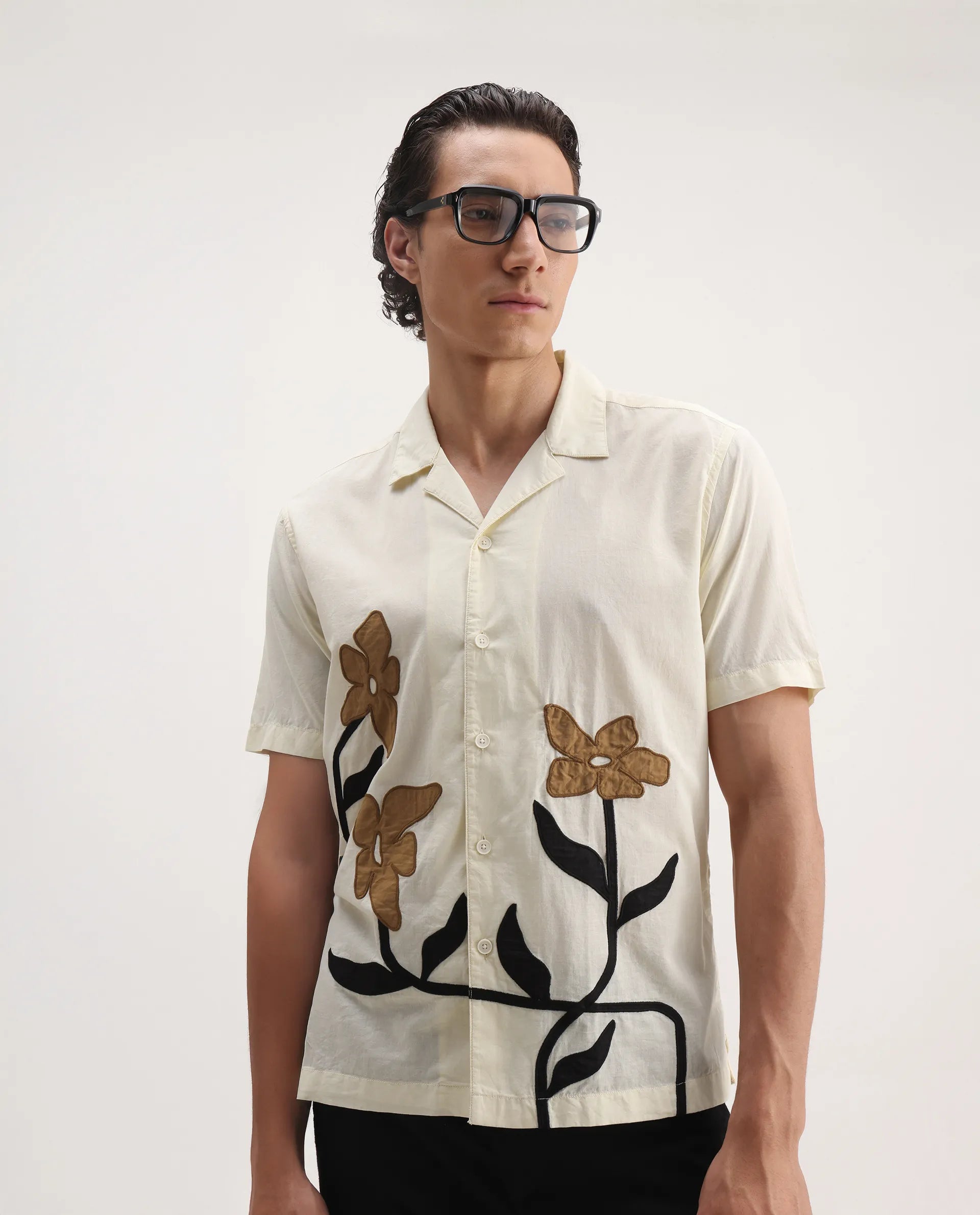 Rare Rabbit Men's Eric Off White Cotton Embroidered Boxy Fit Half Sleeve Cuban Collar Shirt