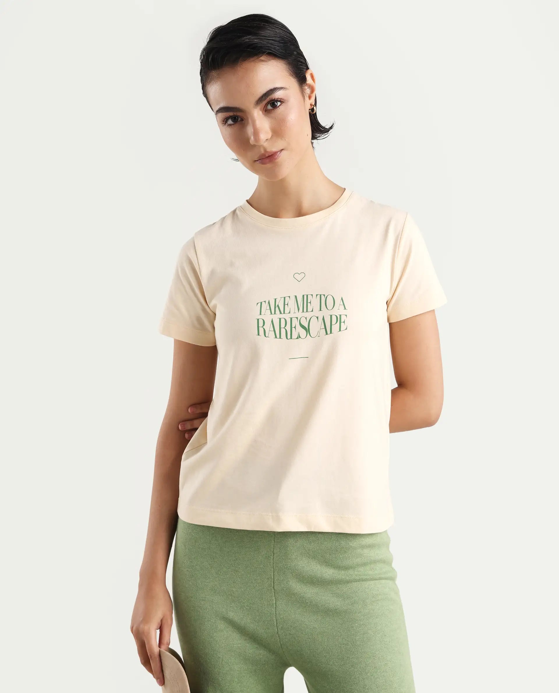 Rareism Women's Erin Light Beige Cotton Blend Crew Neck Graphic Print Regular Fit T-Shirt