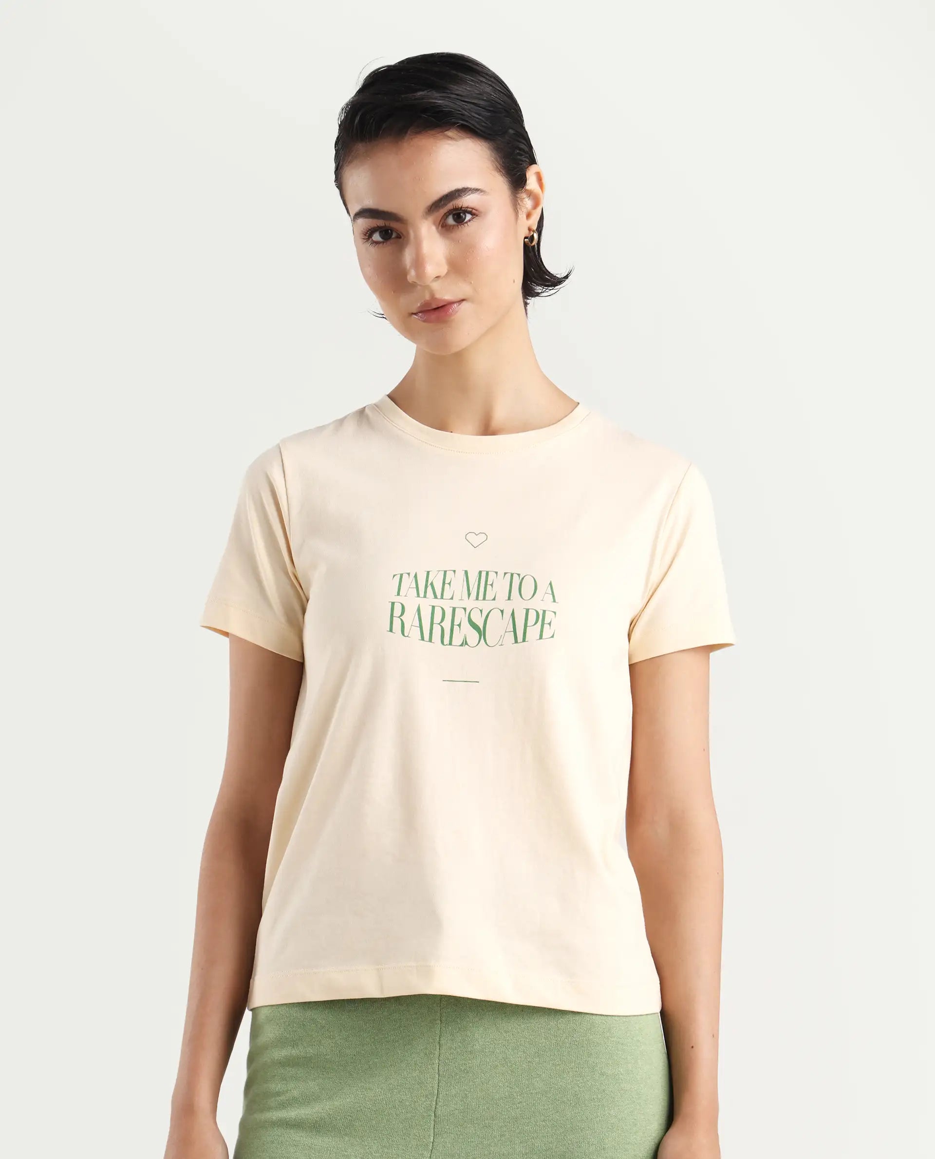 Rareism Women's Erin Light Beige Cotton Blend Crew Neck Graphic Print Regular Fit T-Shirt