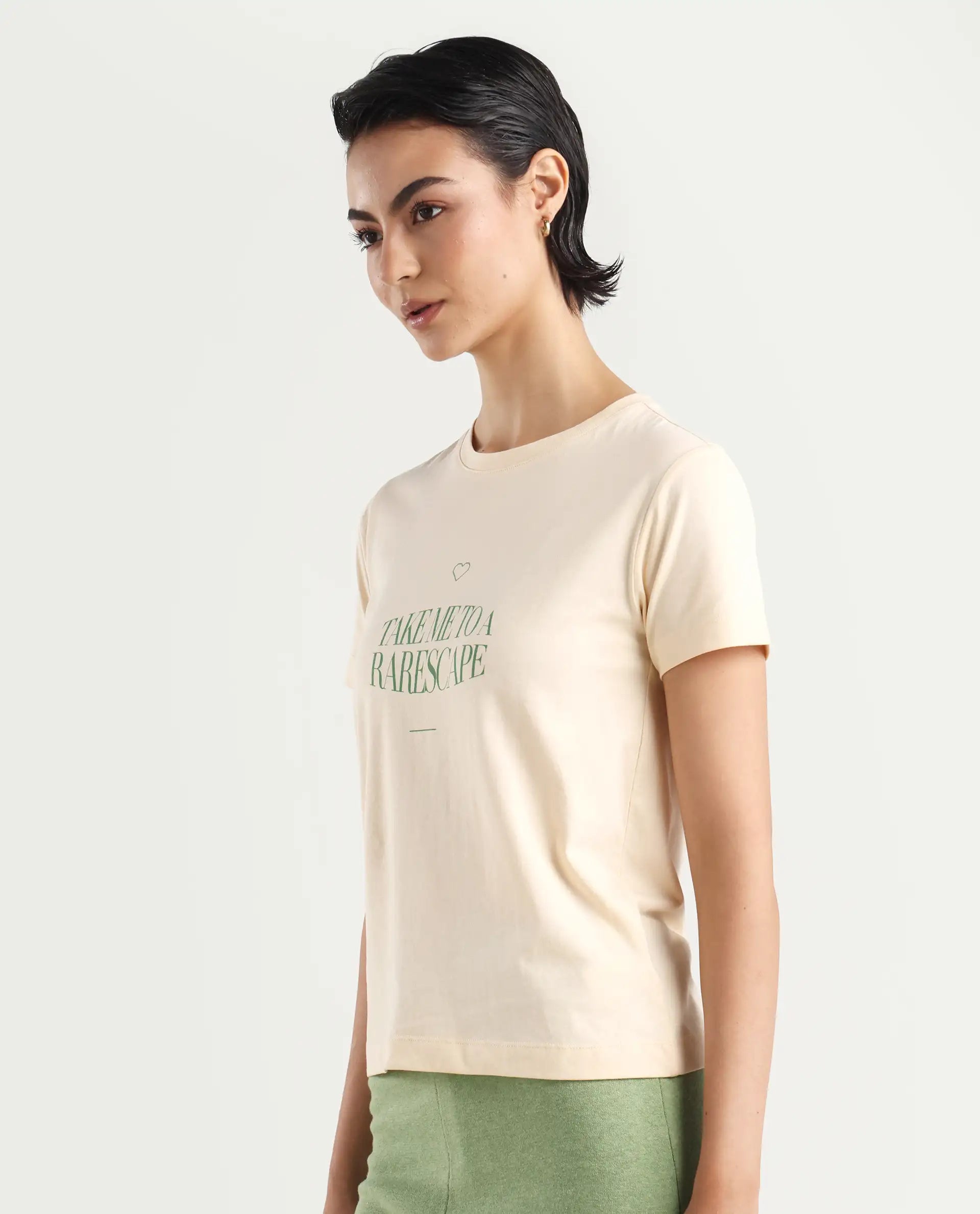 Rareism Women's Erin Light Beige Cotton Blend Crew Neck Graphic Print Regular Fit T-Shirt
