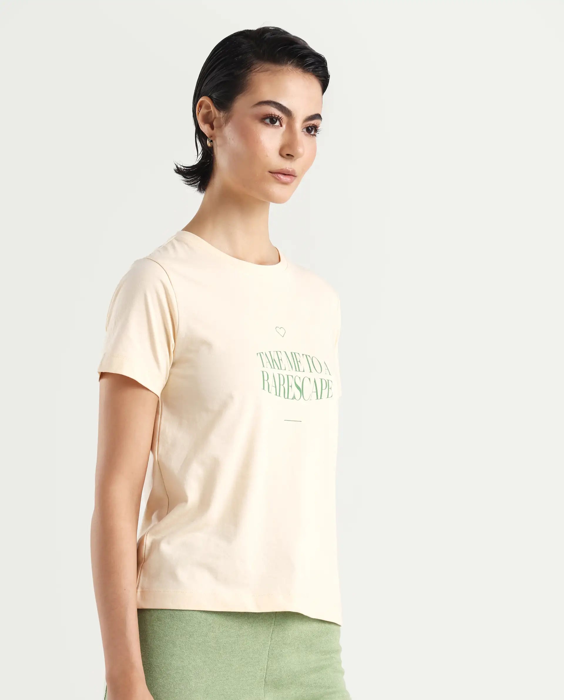 Rareism Women's Erin Light Beige Cotton Blend Crew Neck Graphic Print Regular Fit T-Shirt