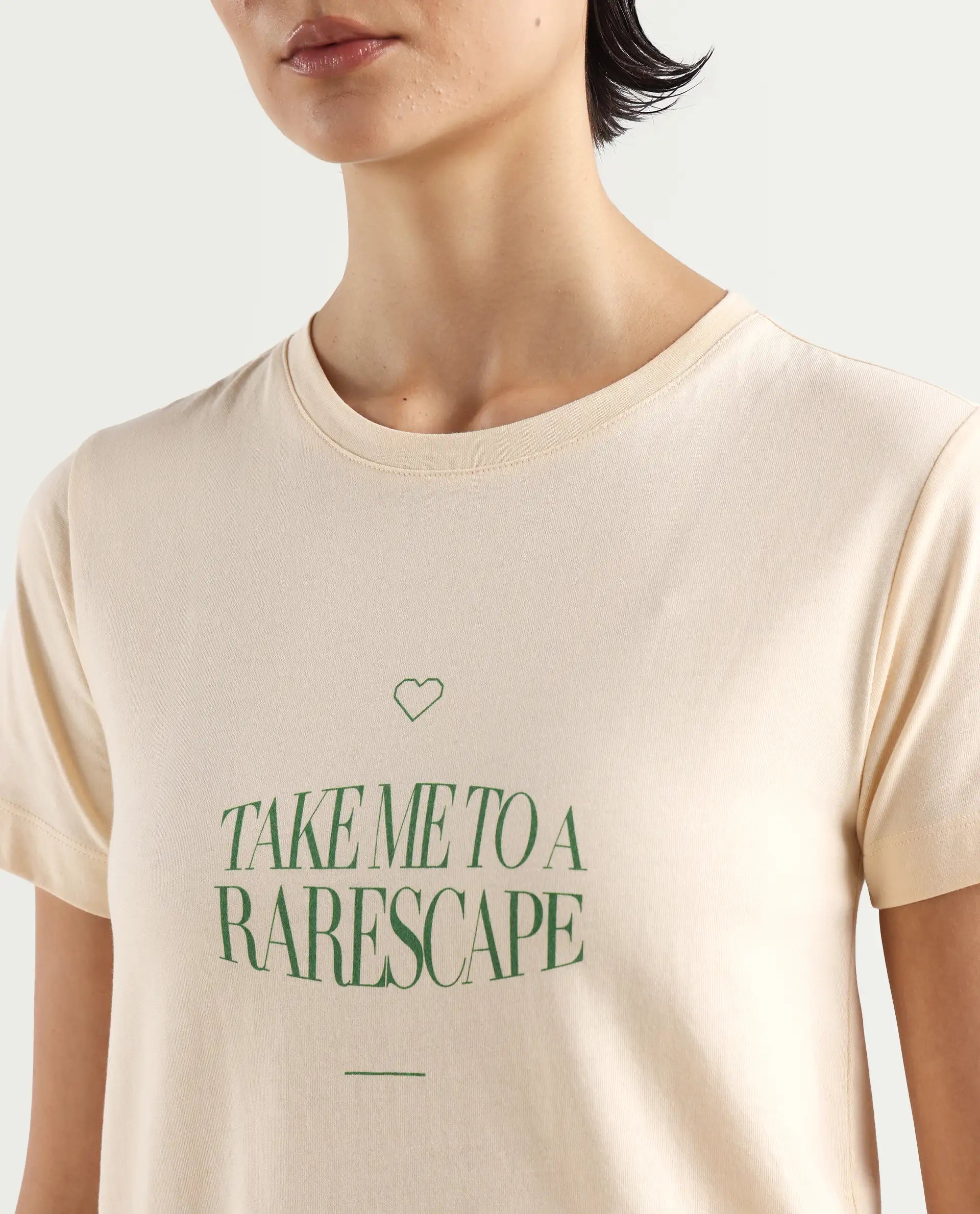 Rareism Women's Erin Light Beige Cotton Blend Crew Neck Graphic Print Regular Fit T-Shirt