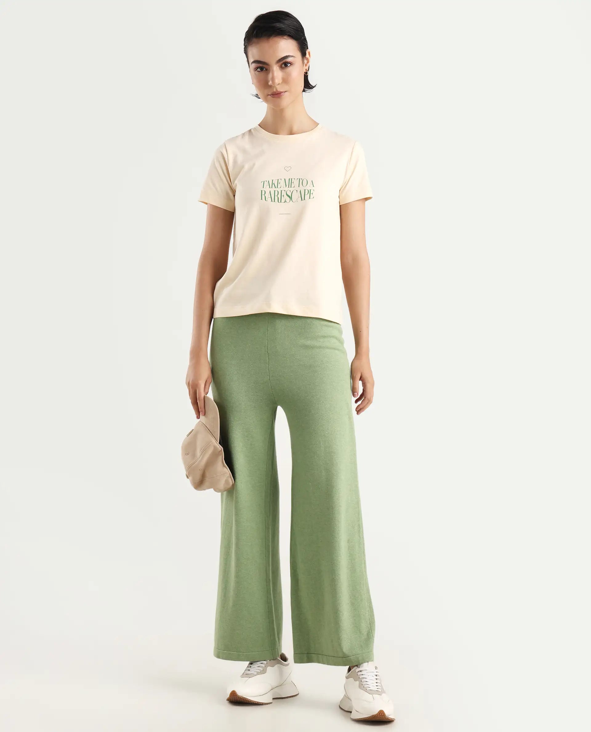 Rareism Women's Erin Light Beige Cotton Blend Crew Neck Graphic Print Regular Fit T-Shirt