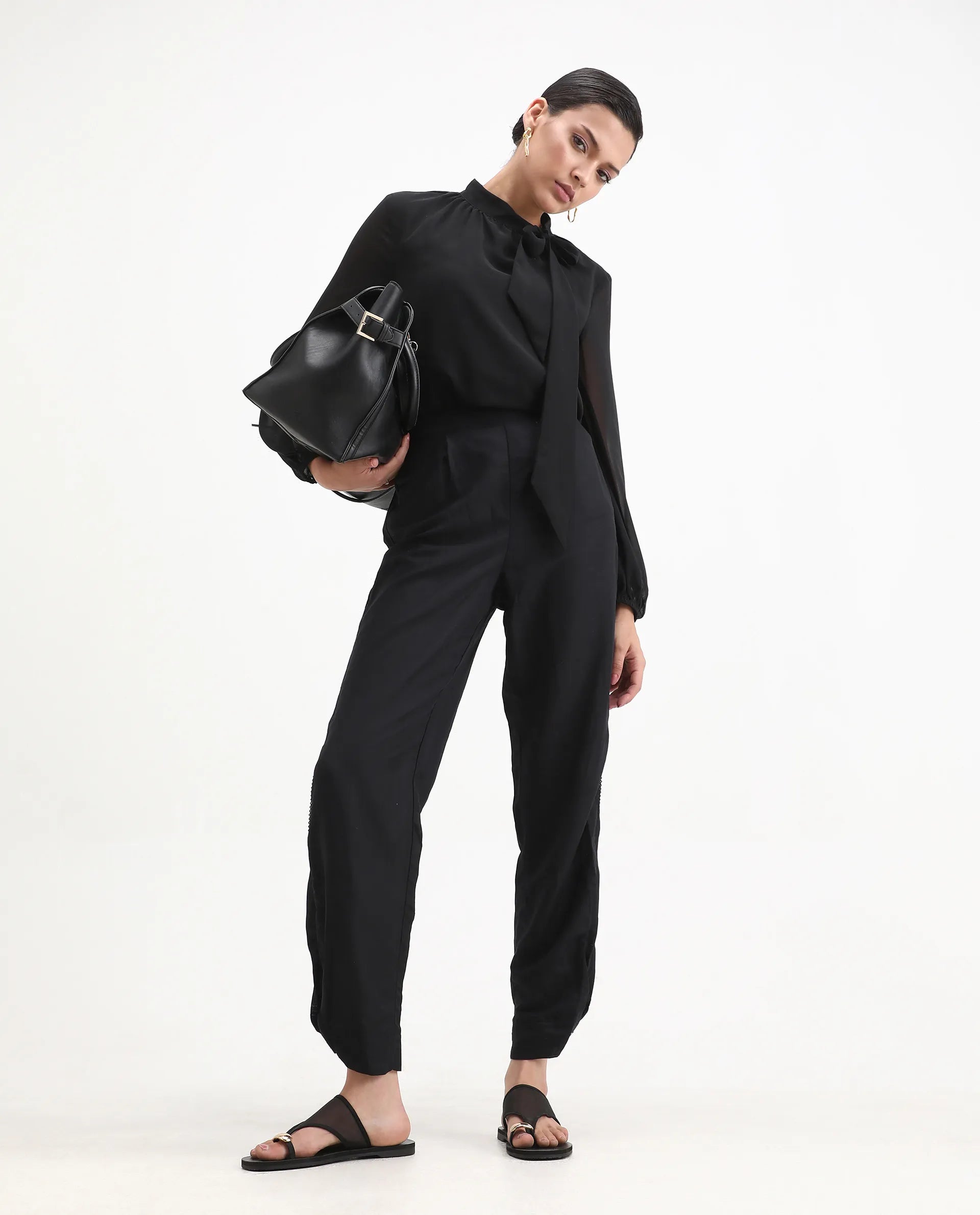 Rareism Women's Erin Black Cotton Linen Plain Ankle Length Tailored Trouser