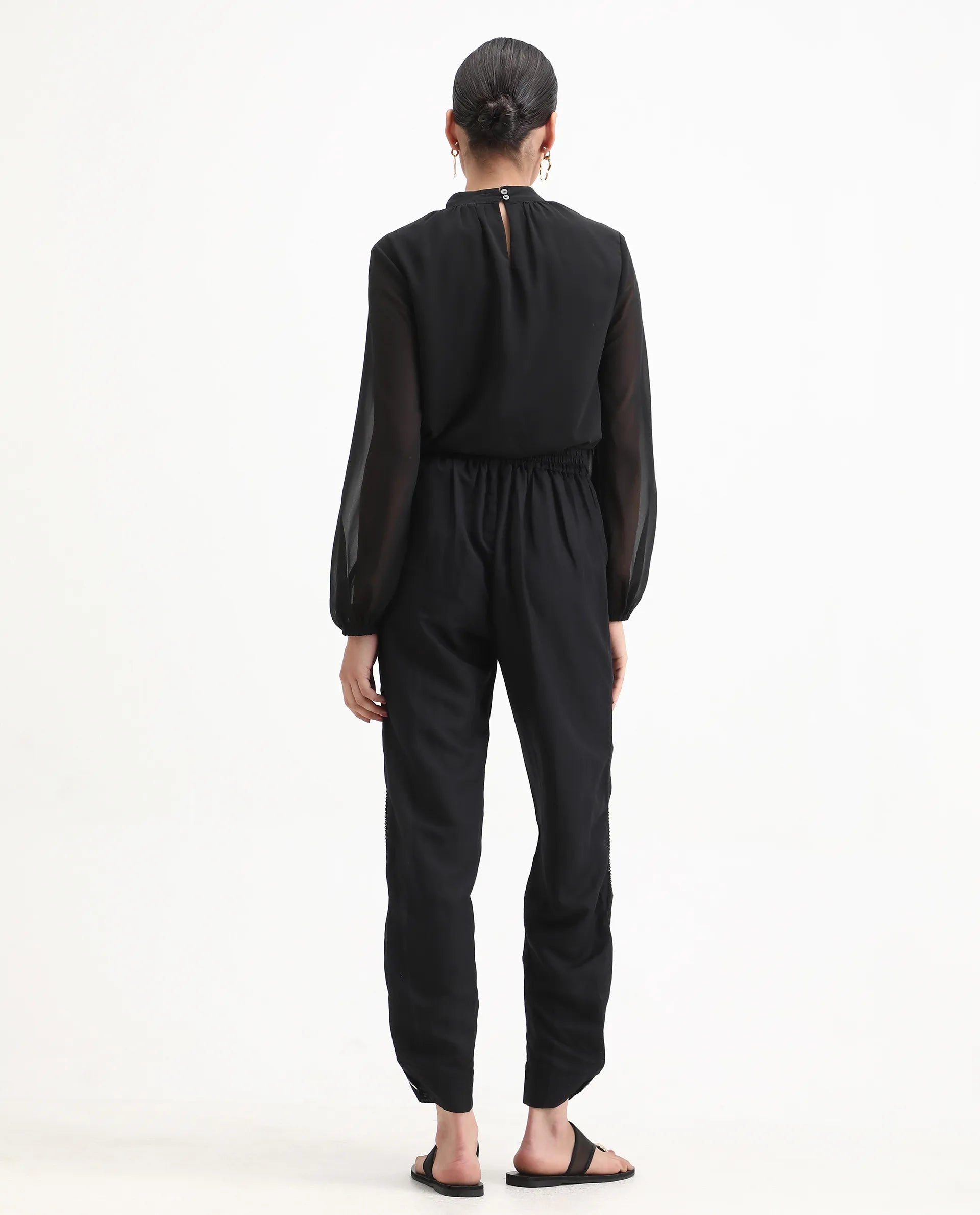 Rareism Women's Erin Black Cotton Linen Plain Ankle Length Tailored Trouser