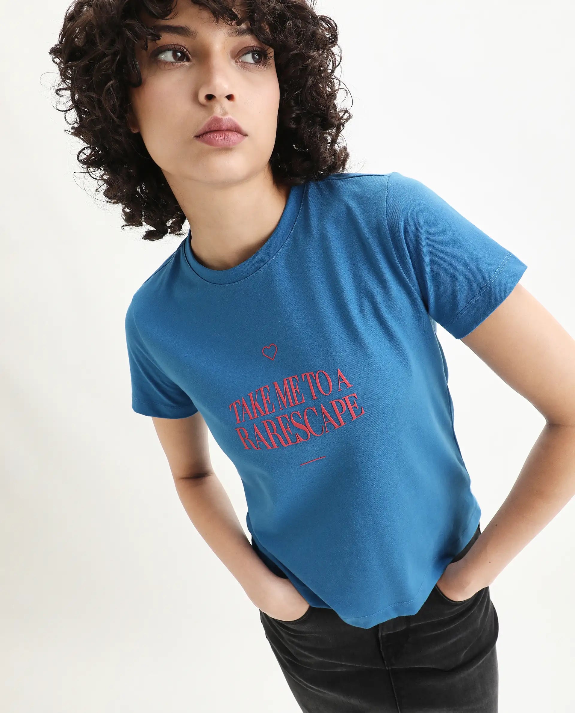 Rareism Women's Erin Blue Cotton Blend Crew Neck Graphic Print Regular Fit T-Shirt