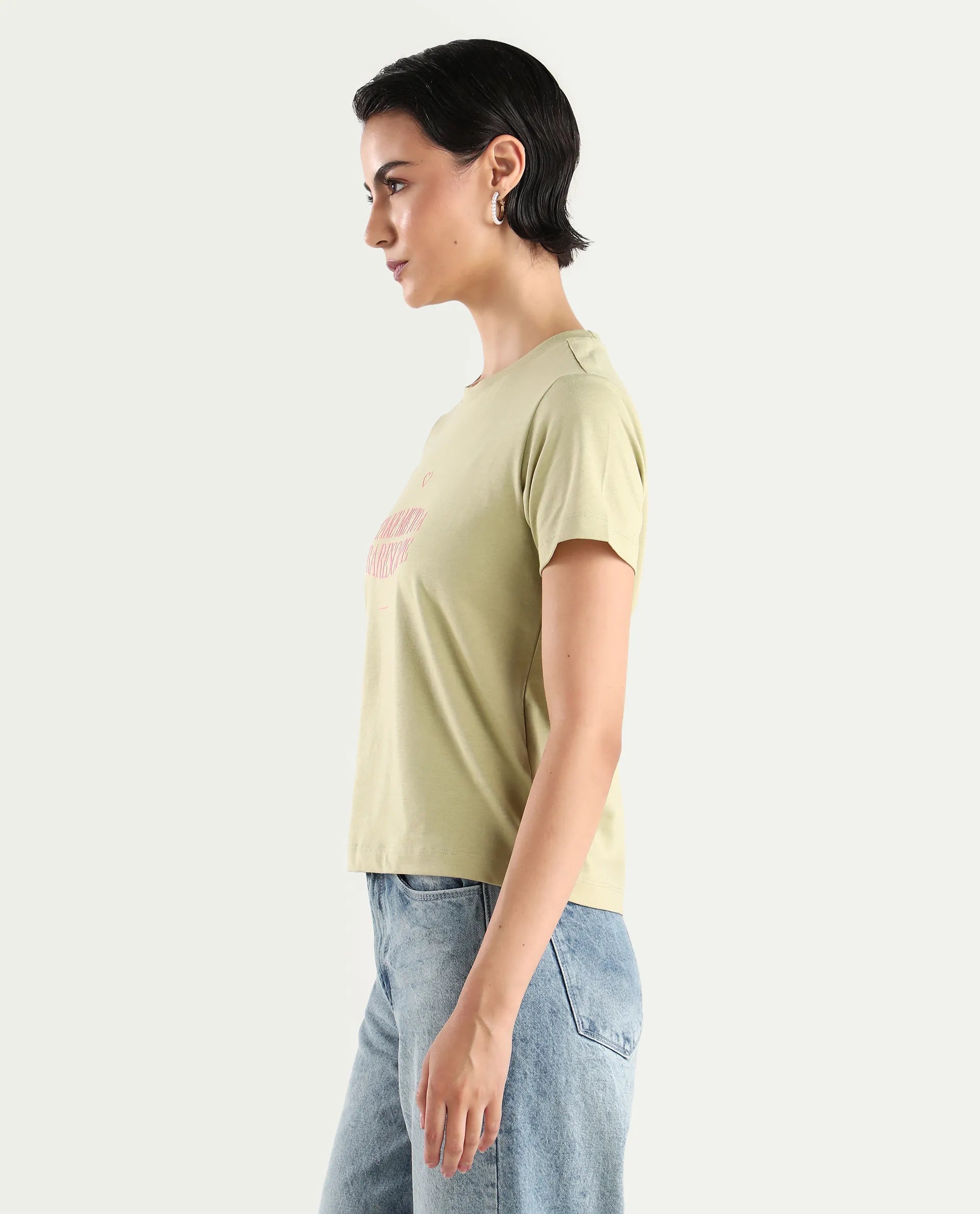Rareism Women's Erin Light Green Cotton Blend Crew Neck Graphic Print Regular Fit T-Shirt