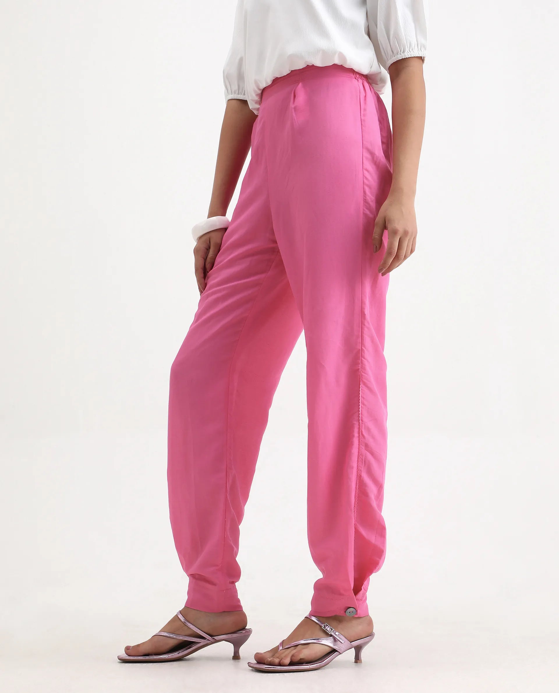 Rareism Women's Erin Pink Cotton Linen Plain Ankle Length Tailored Trouser