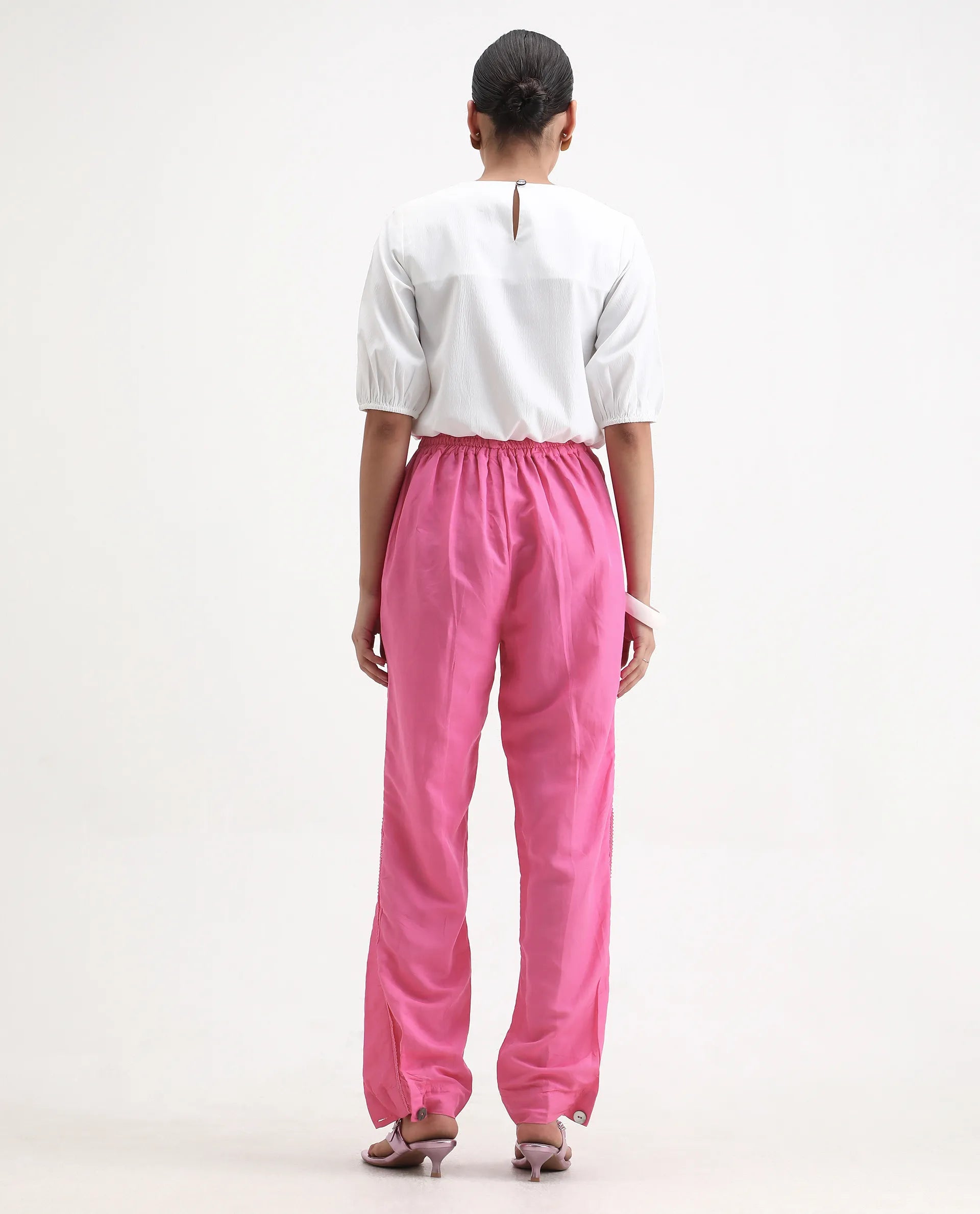 Rareism Women's Erin Pink Cotton Linen Plain Ankle Length Tailored Trouser